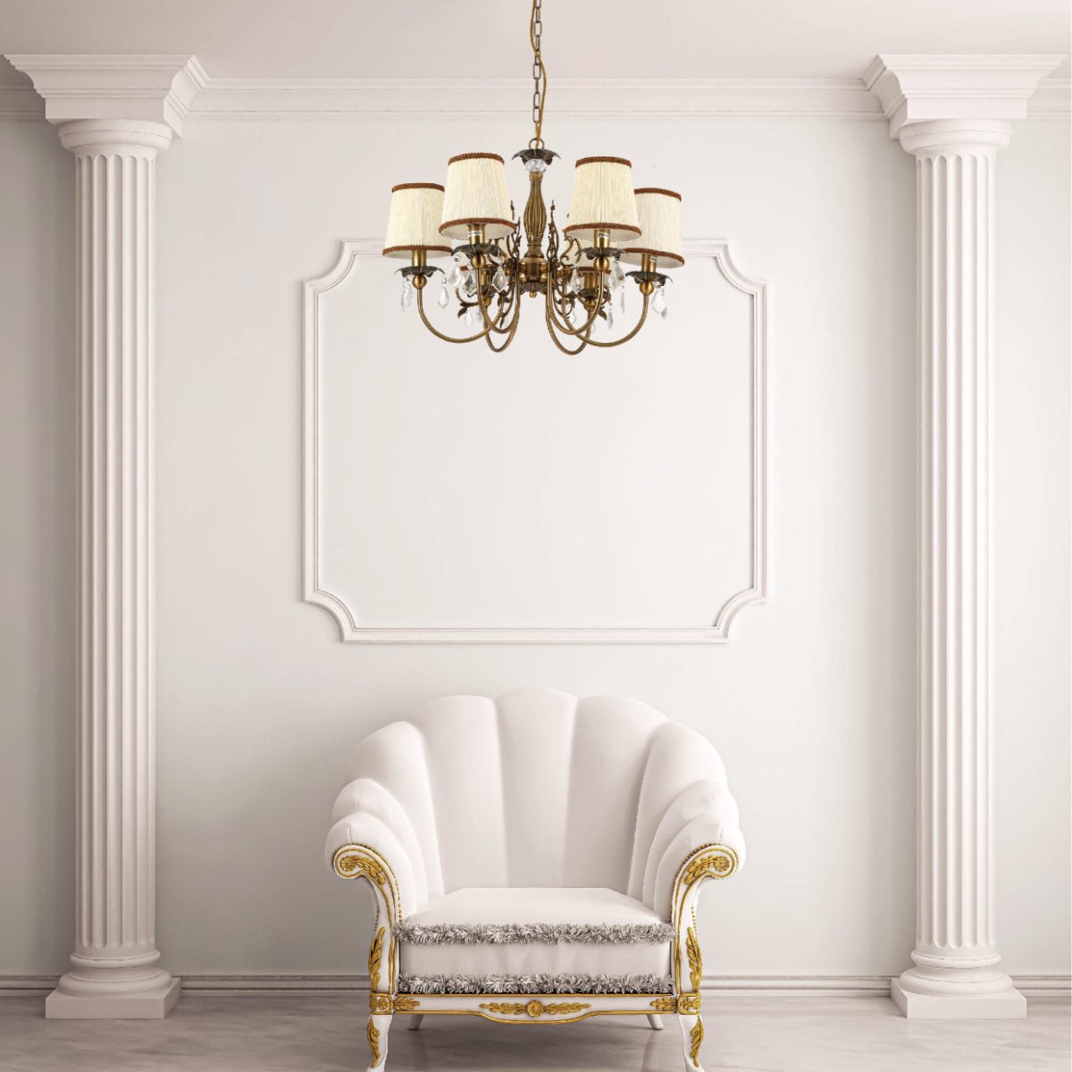 Waiting room lounge interior usage of Antique Brass Finishing Metal Body Off White Shade Candle Vintage Crystal Ceiling Light with E14 | TEKLED 156-18202