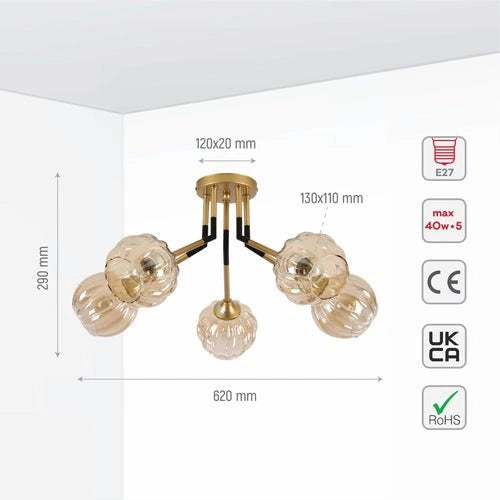 User manual for Amber Reeded Globe Glass Gold Metal Vintage Retro Semi Flush Ceiling Light with E27 Fittings | TEKLED 159-17660