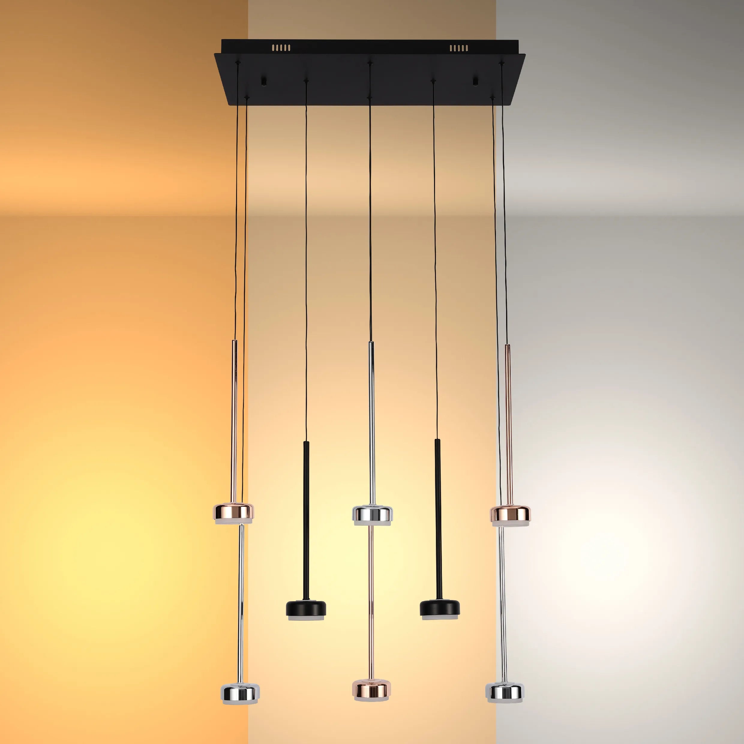 Lámpara Colgante Moderna de 6 Luces con Base Rectangular Negra - Acabados en Cromo, Cobre y Negro