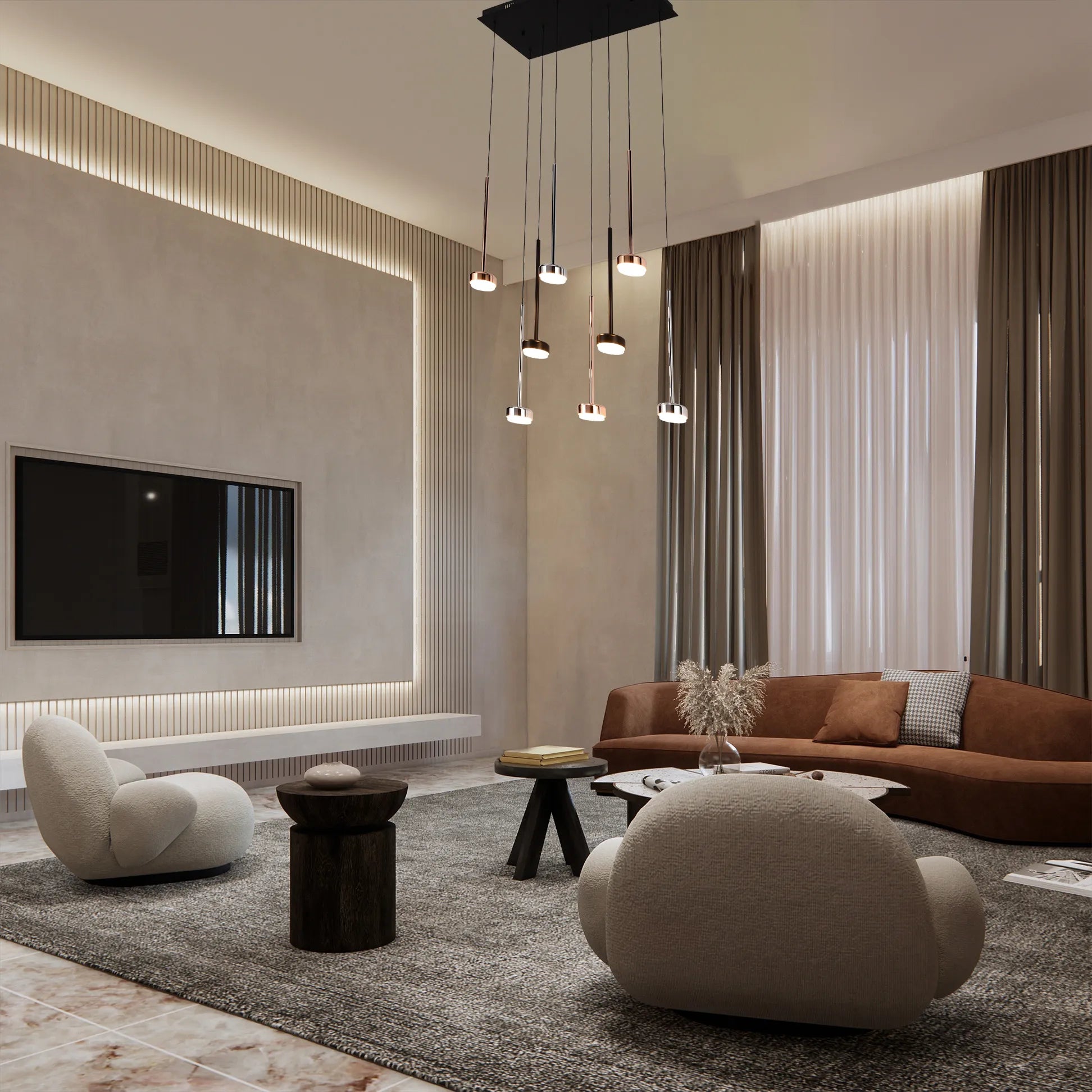 Lámpara Colgante Moderna de 6 Luces con Base Rectangular Negra - Acabados en Cromo, Cobre y Negro