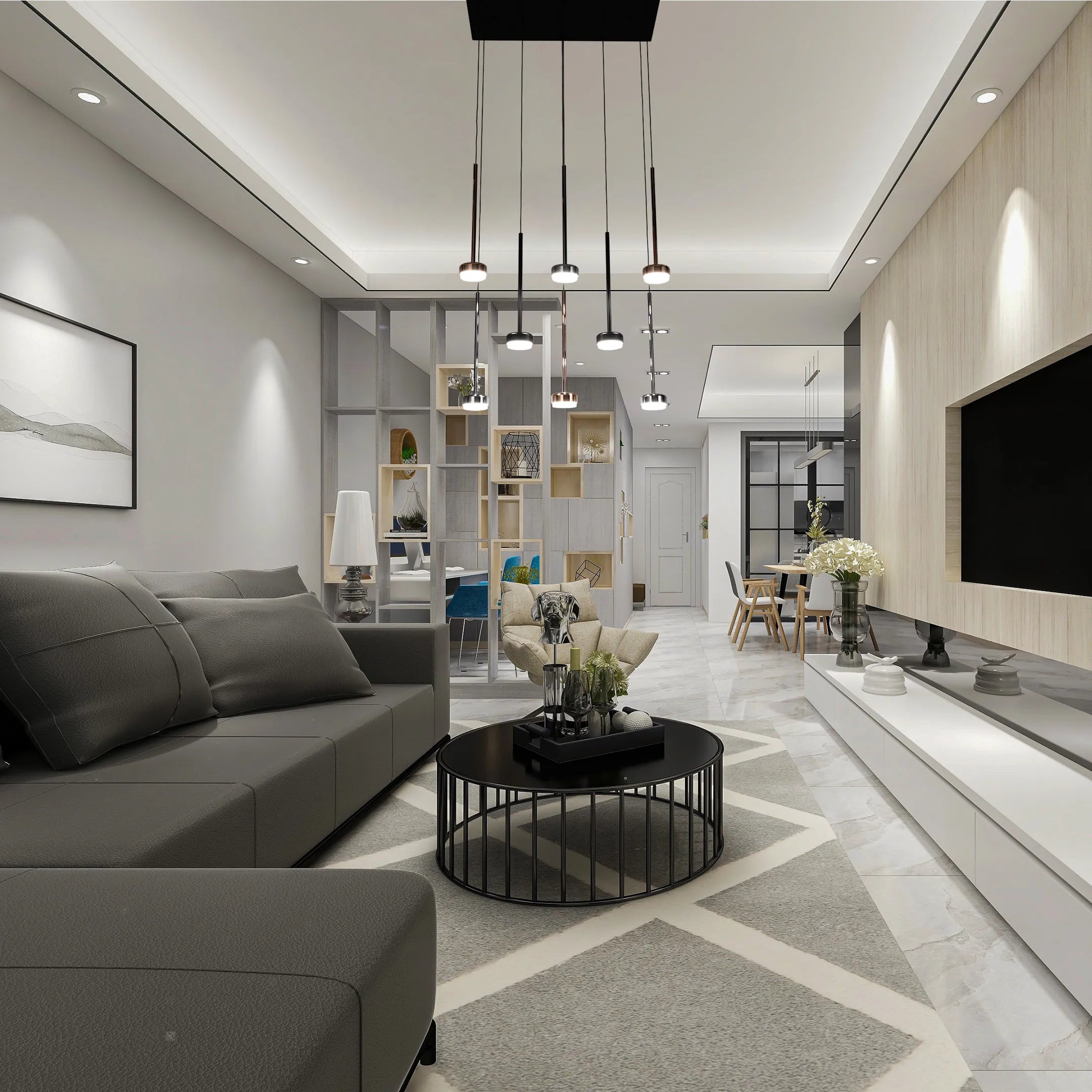 Lámpara Colgante Moderna de 6 Luces con Base Rectangular Negra - Acabados en Cromo, Cobre y Negro