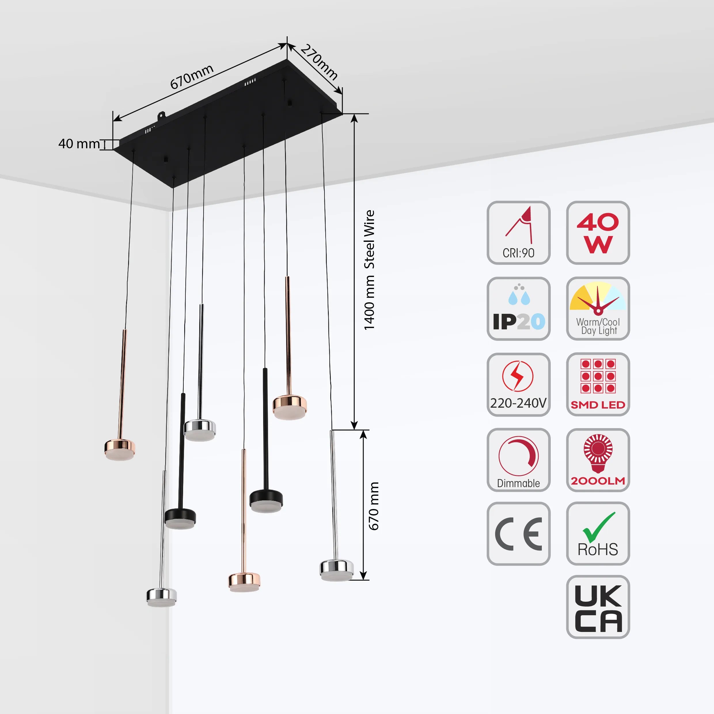 Lámpara Colgante Moderna de 6 Luces con Base Rectangular Negra - Acabados en Cromo, Cobre y Negro