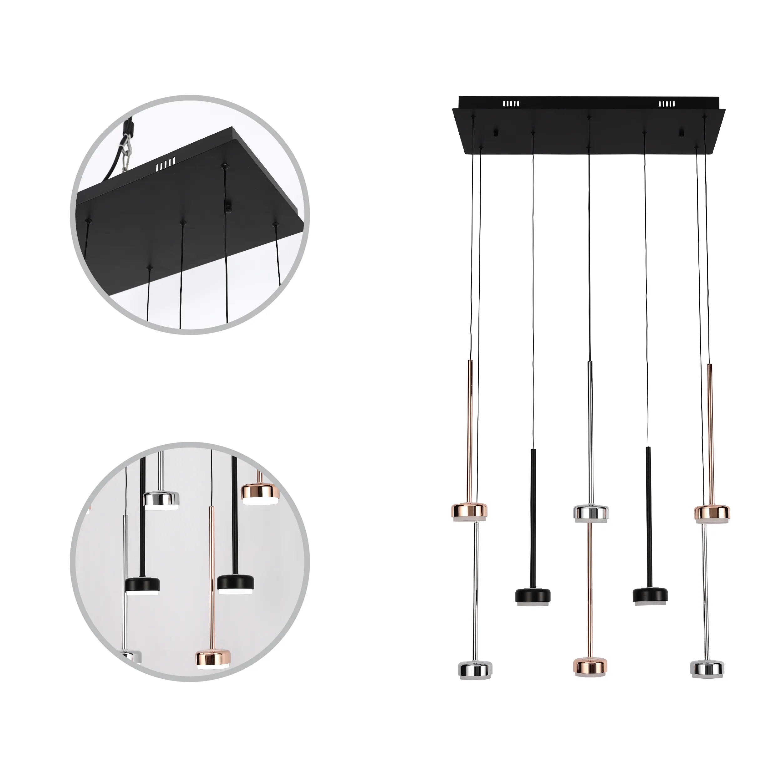 Lámpara Colgante Moderna de 6 Luces con Base Rectangular Negra - Acabados en Cromo, Cobre y Negro