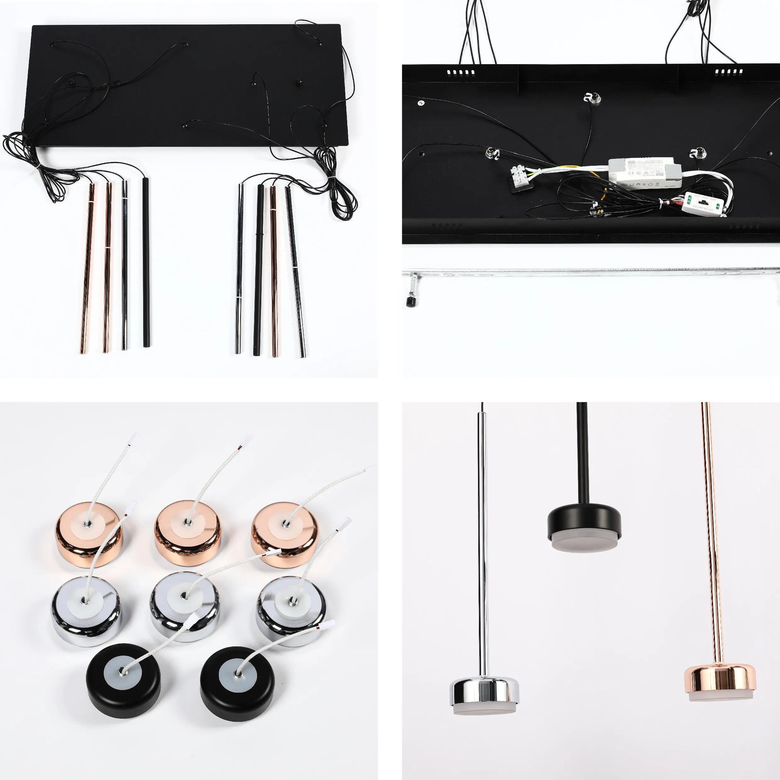 Lámpara Colgante Moderna de 6 Luces con Base Rectangular Negra - Acabados en Cromo, Cobre y Negro
