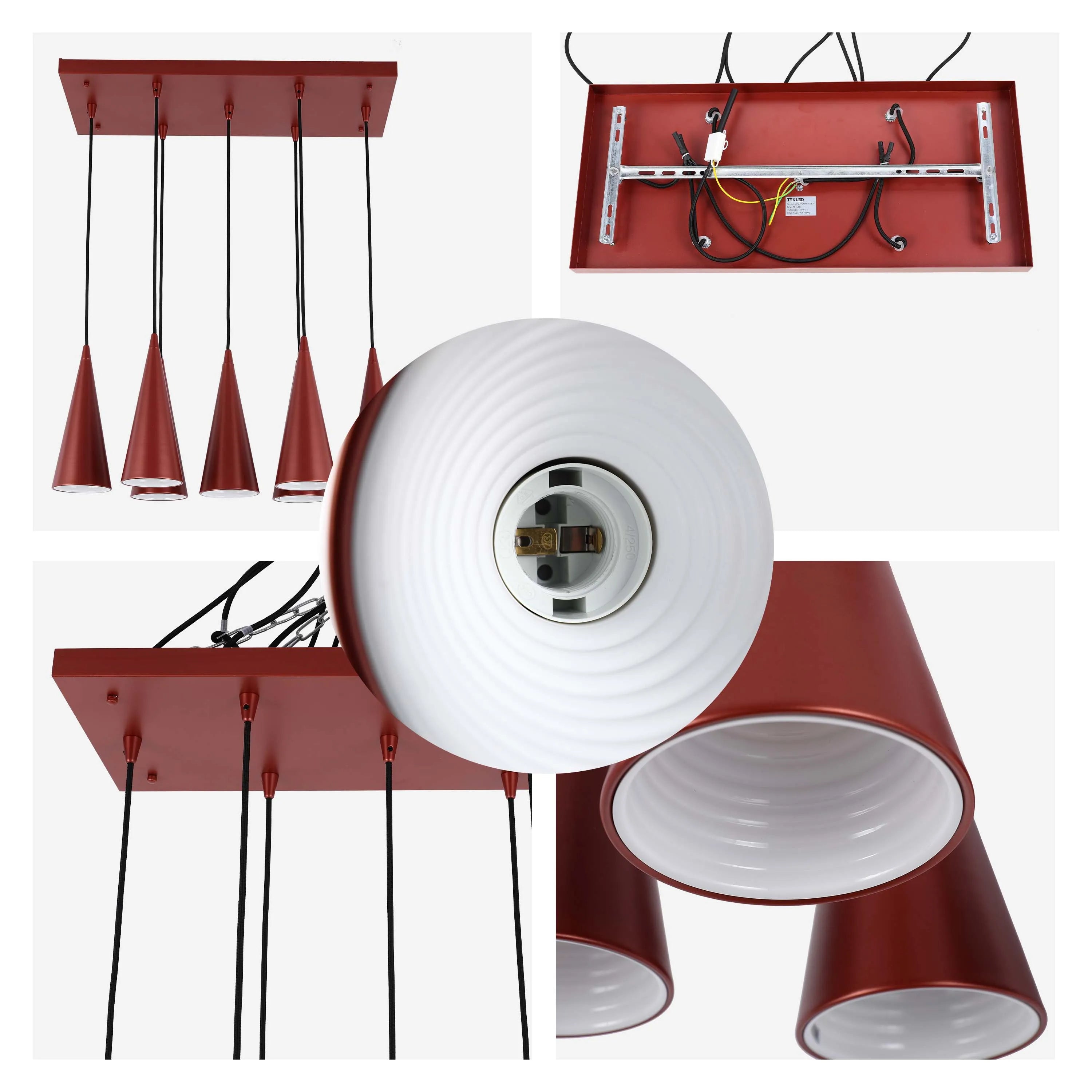 Lámpara colgante de cono con 6 luces - Casquillos E27, placa rectangular, regulable