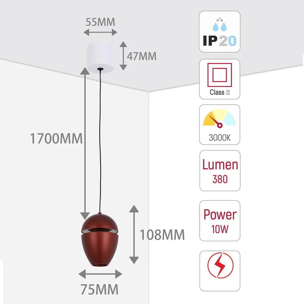 Tamaño y especificaciones técnicas de la Lámpara Colgante LED Acorn con Efecto de Iluminación de Cubierta 10W Blanco Cálido-150-19072
