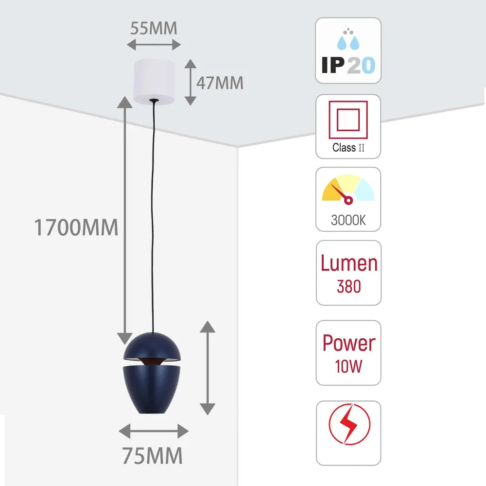 Tamaño y especificaciones técnicas del Acorn LED Pendant Downlight con efecto de iluminación de cove 10W Blanco Cálido-150-19074