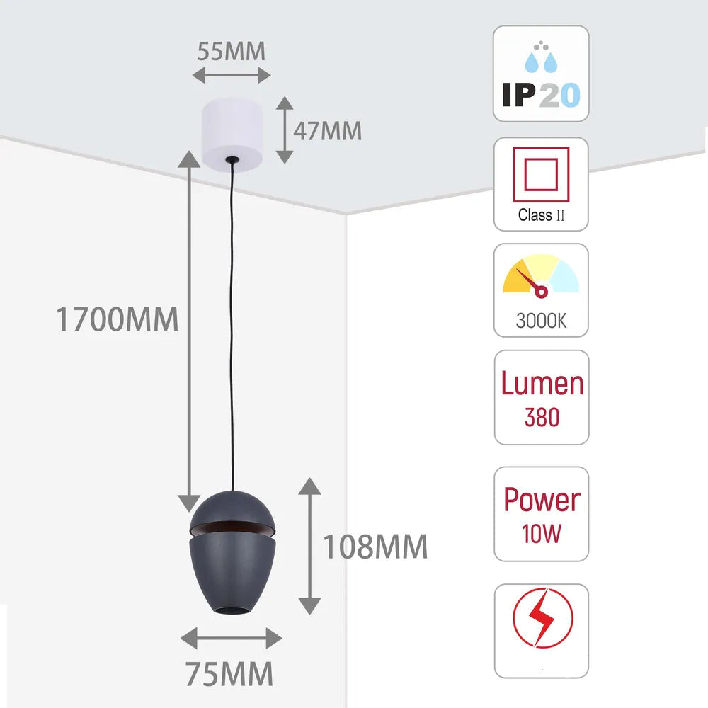 Tamaño y especificaciones técnicas del Acorn LED Pendant Downlight con Efecto de Iluminación Cove 10W Blanco Cálido-150-19076