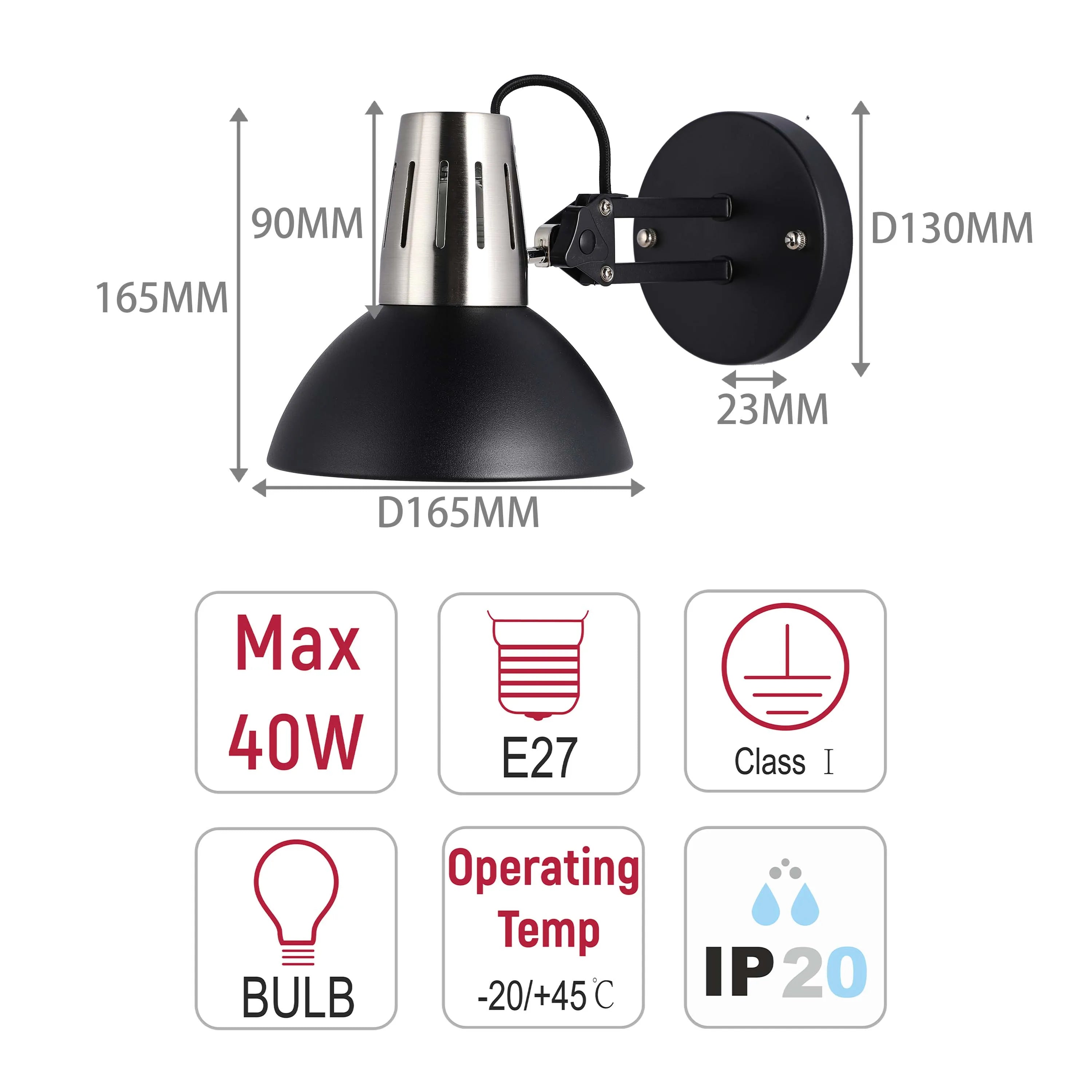 Lámpara de pared negra ajustable con interruptor en línea
