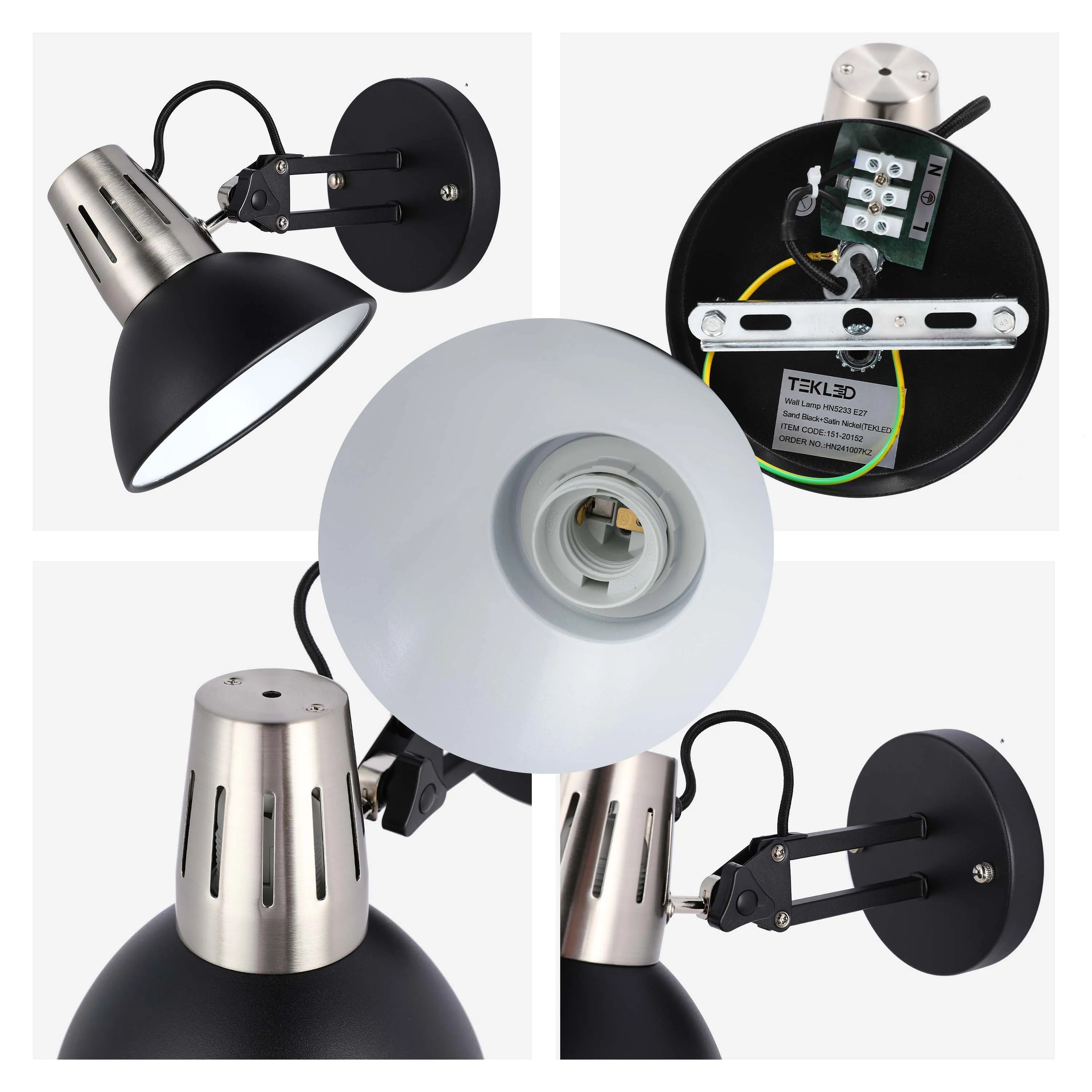 Lámpara de pared negra ajustable con interruptor en línea