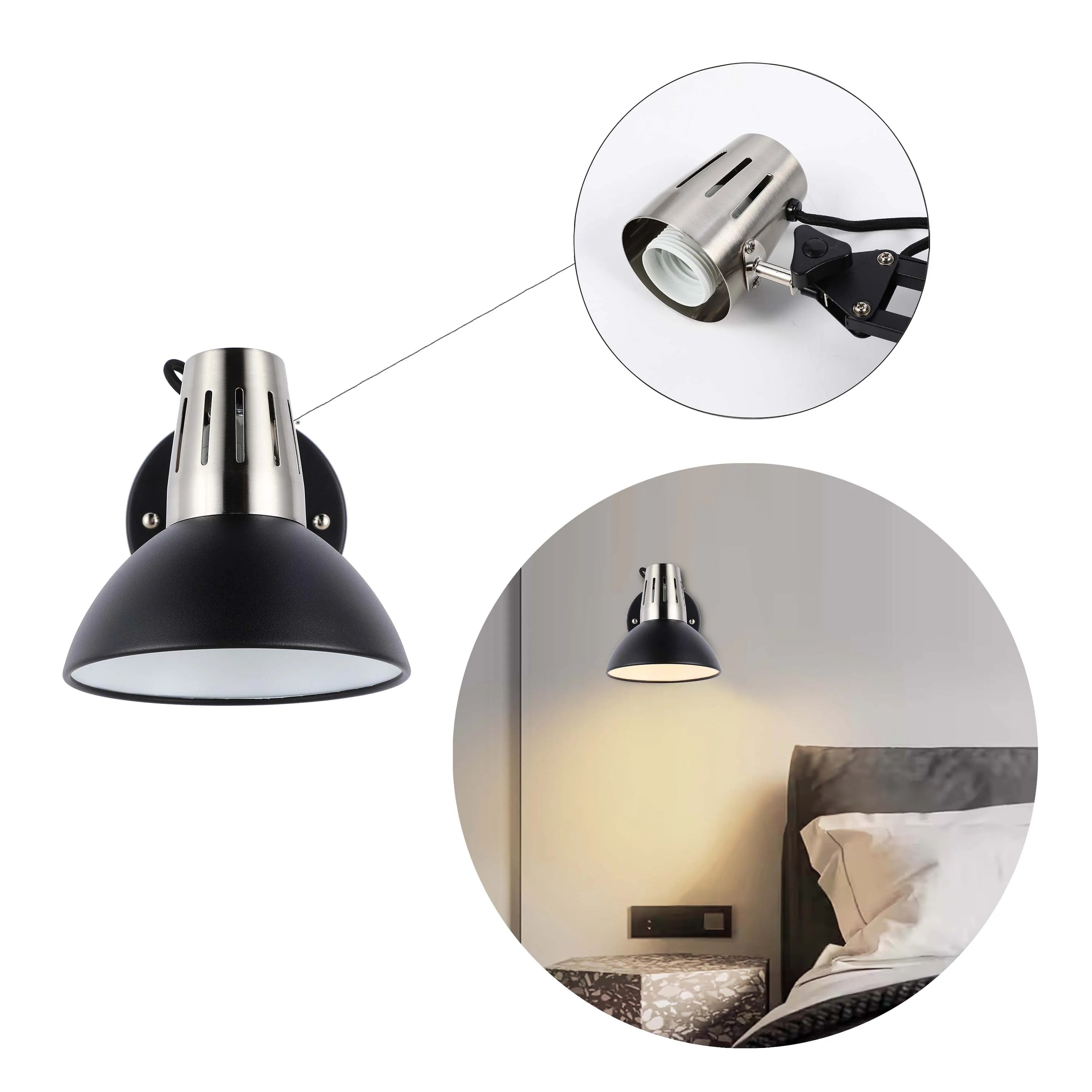 Lámpara de pared negra ajustable con interruptor en línea
