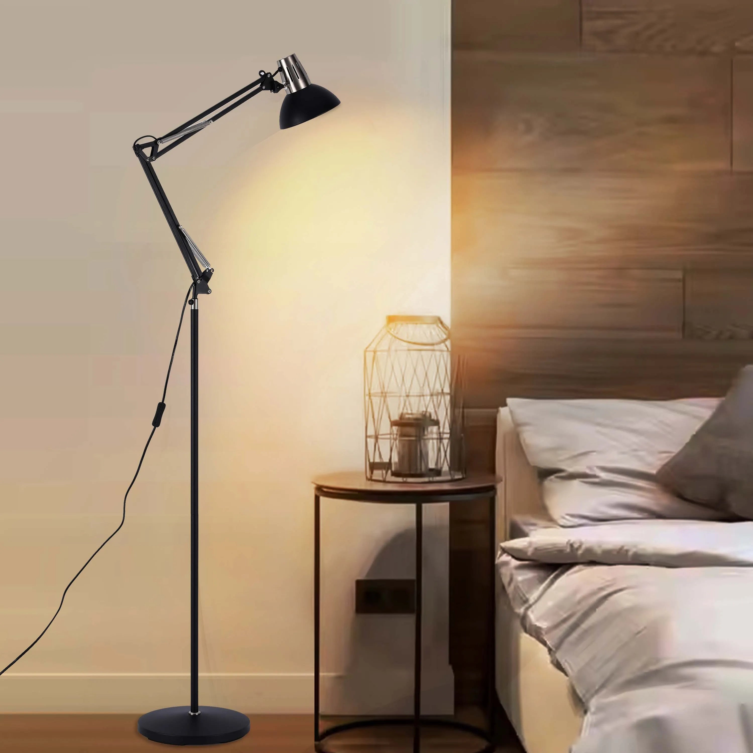Lámpara de pie ajustable con brazo extensible y pantalla de acero - Portalámparas E27, regulable