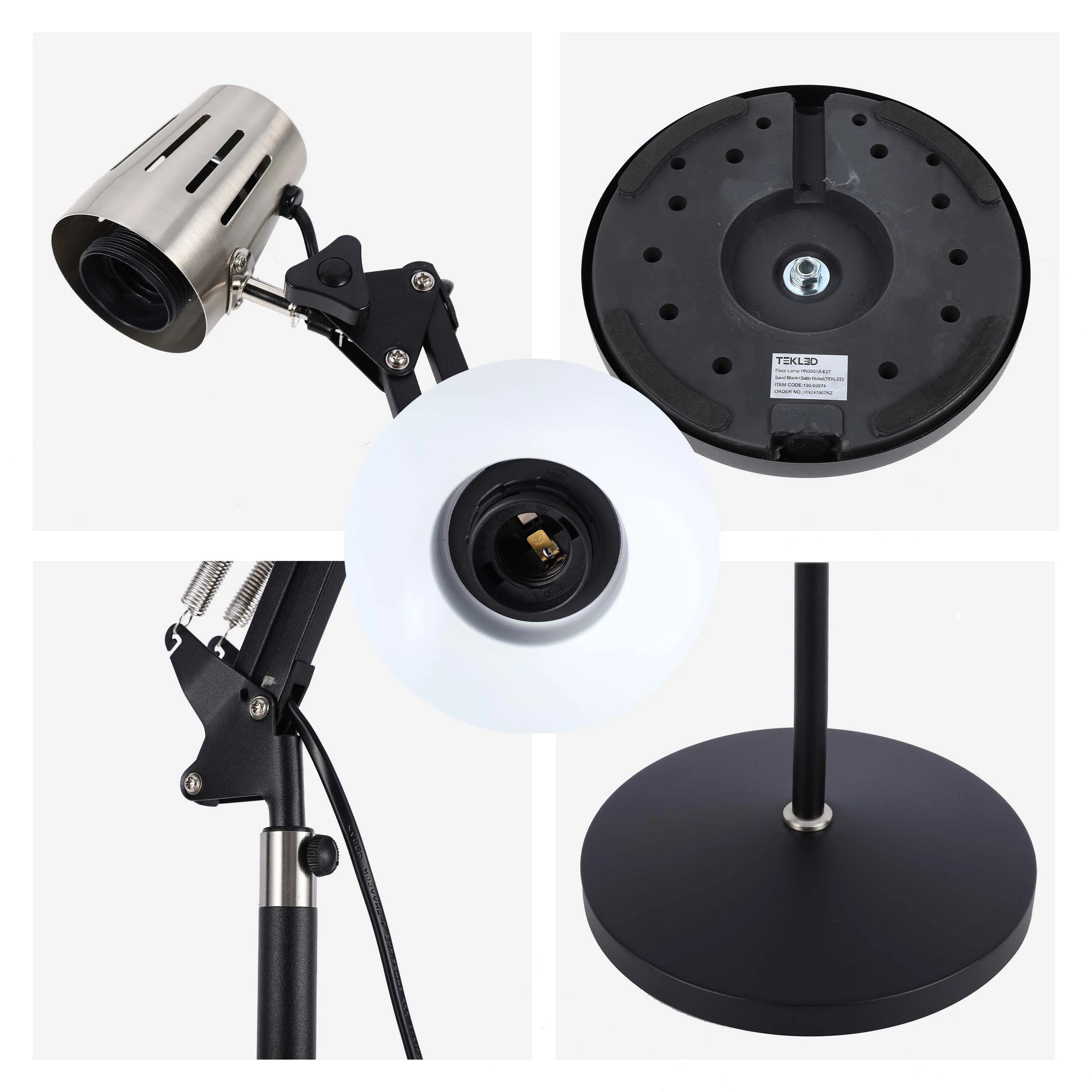 Lámpara de pie ajustable con brazo extensible y pantalla de acero - Portalámparas E27, regulable