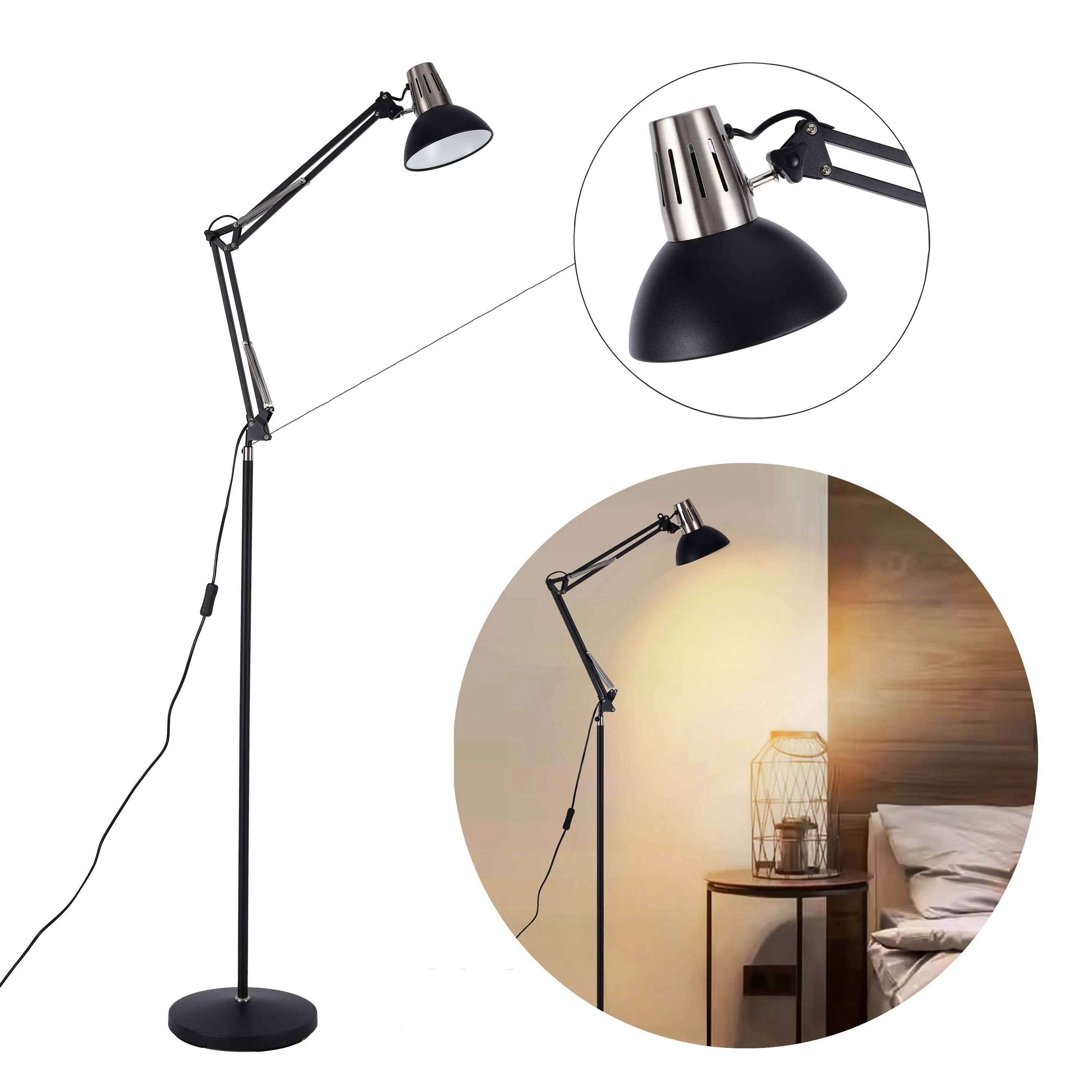 Lámpara de pie ajustable con brazo extensible y pantalla de acero - Portalámparas E27, regulable