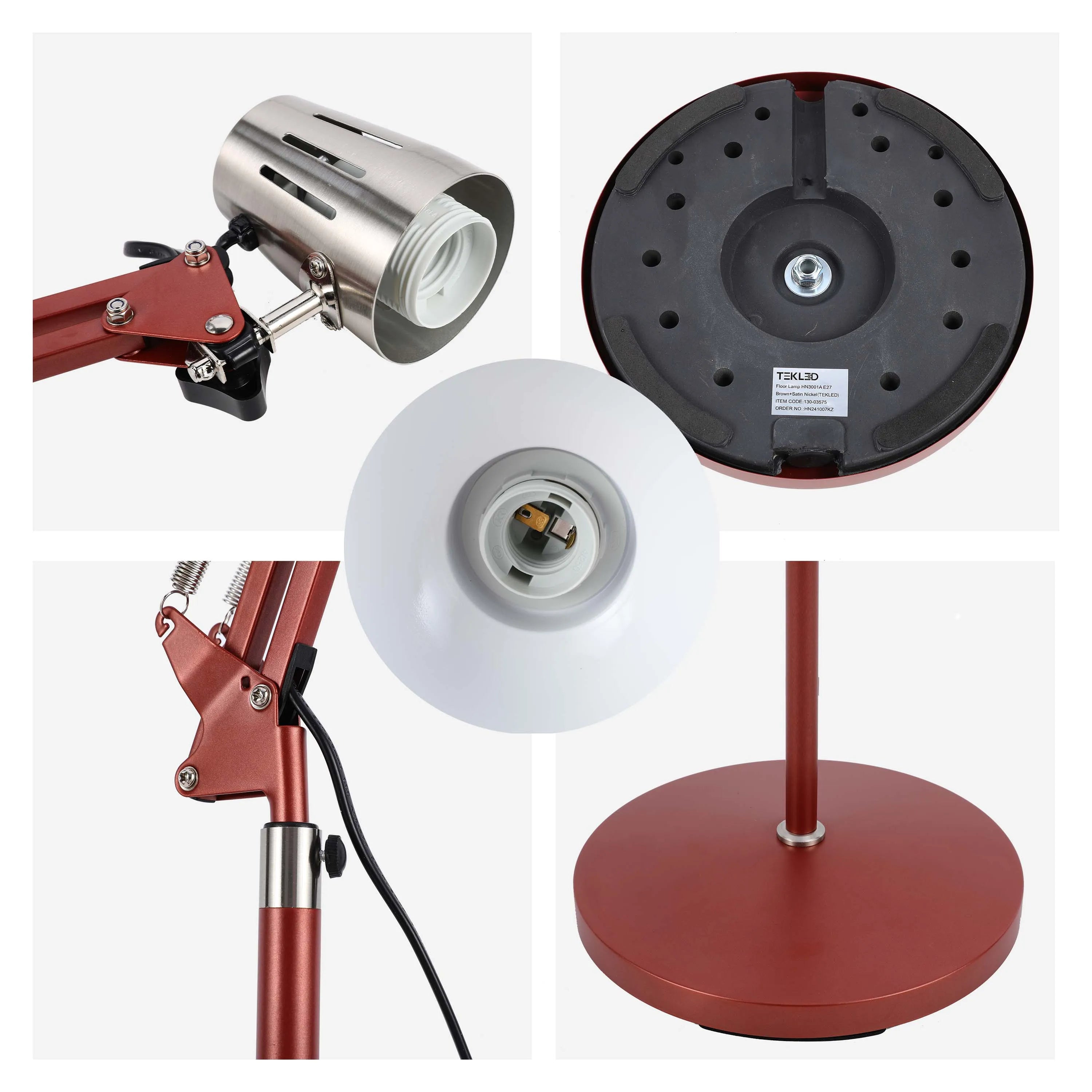 Lámpara de pie ajustable con brazo extensible y pantalla de acero - Portalámparas E27, regulable