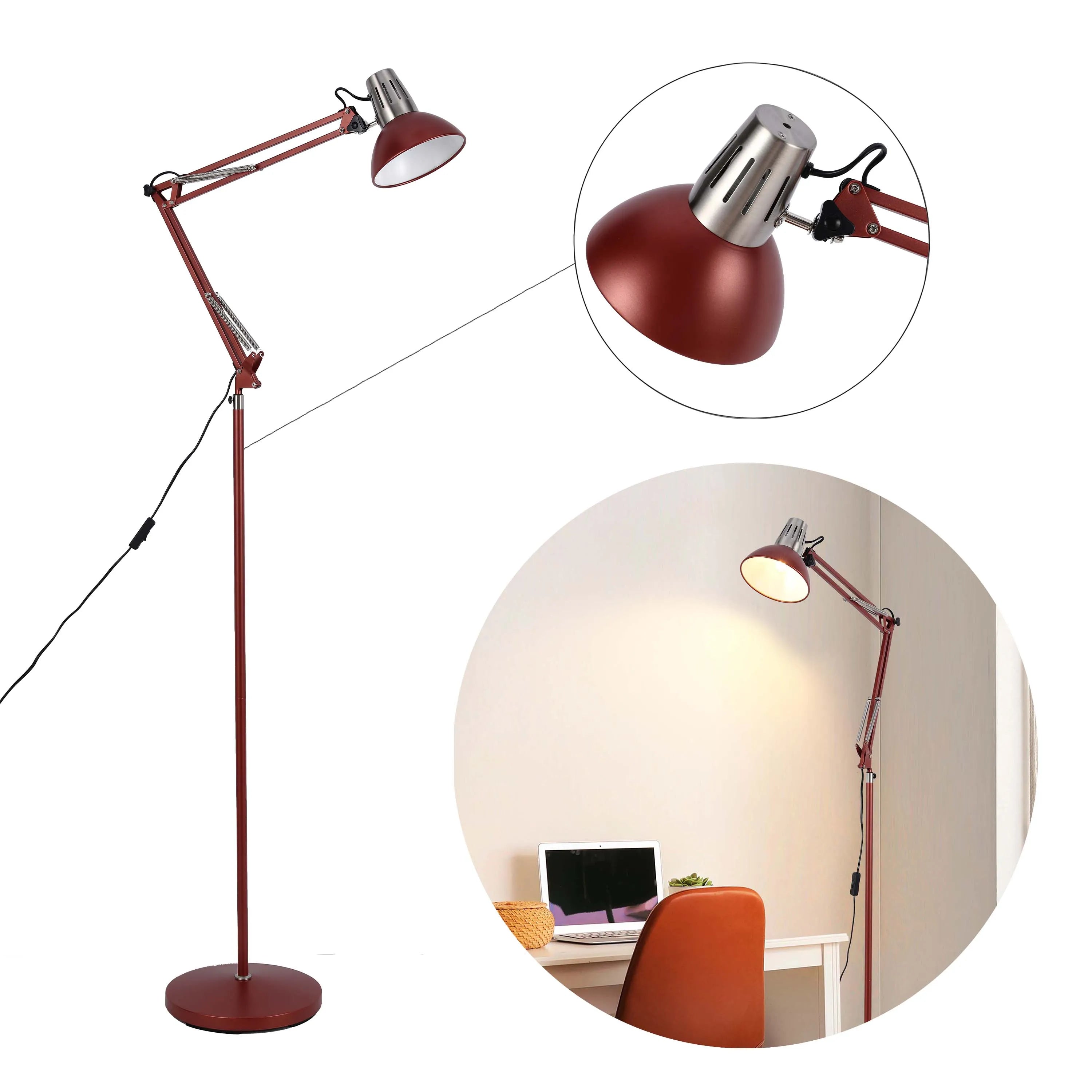 Lámpara de pie ajustable con brazo extensible y pantalla de acero - Portalámparas E27, regulable