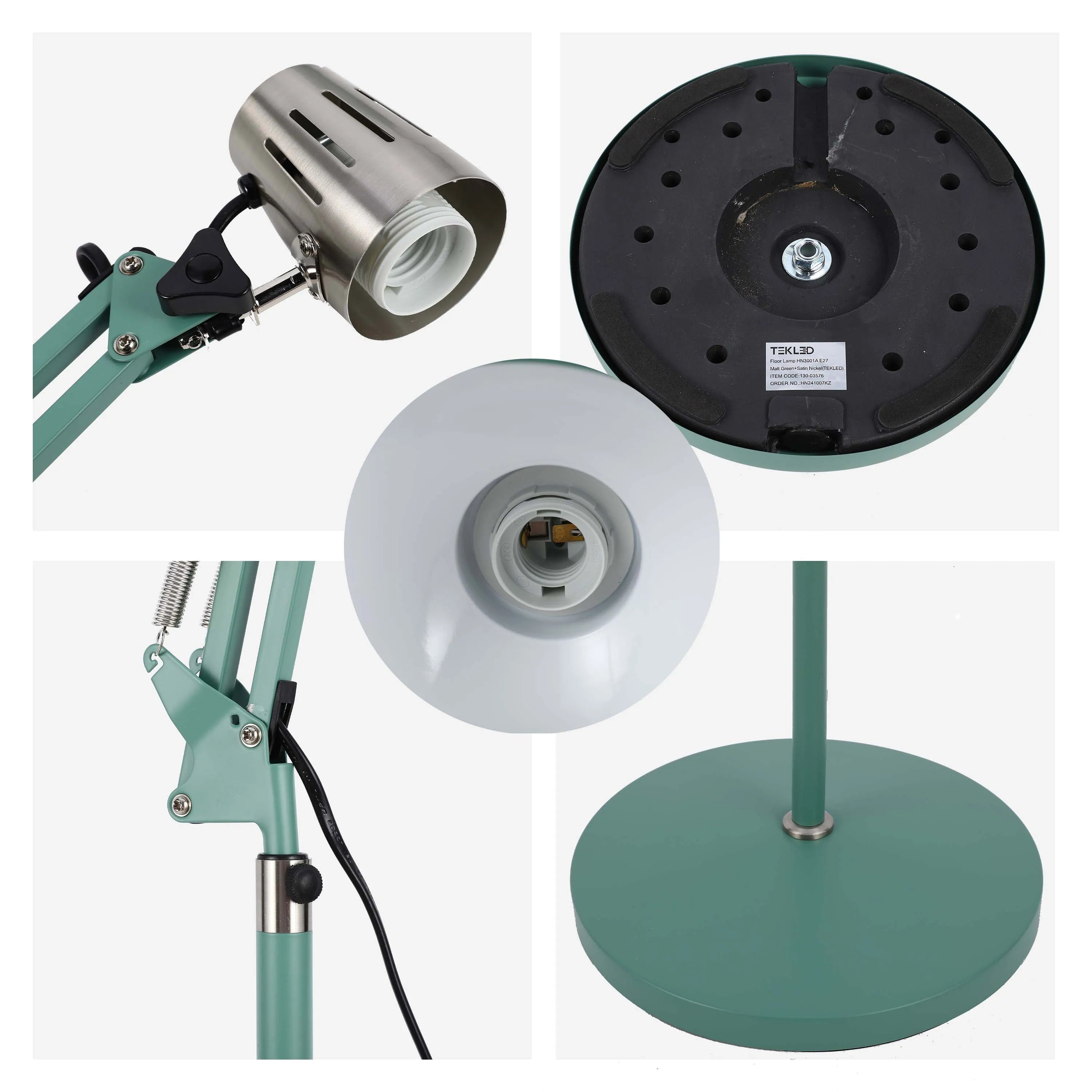 Lámpara de pie ajustable con brazo extensible y pantalla de acero - Portalámparas E27, regulable