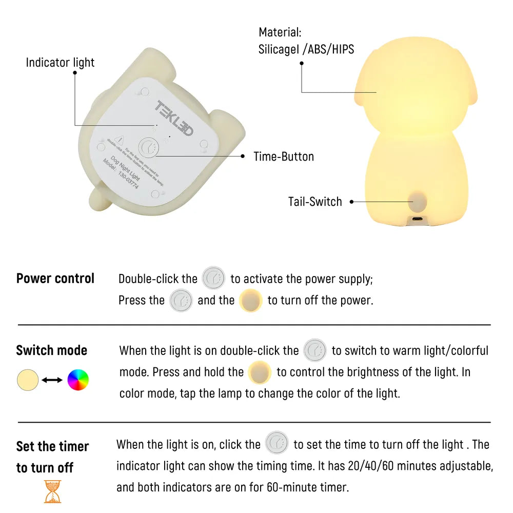 Plano cercano del Adorable LED Recargable Luz Nocturna con Temporizador y Opciones de Cambio de Color-130-03774
