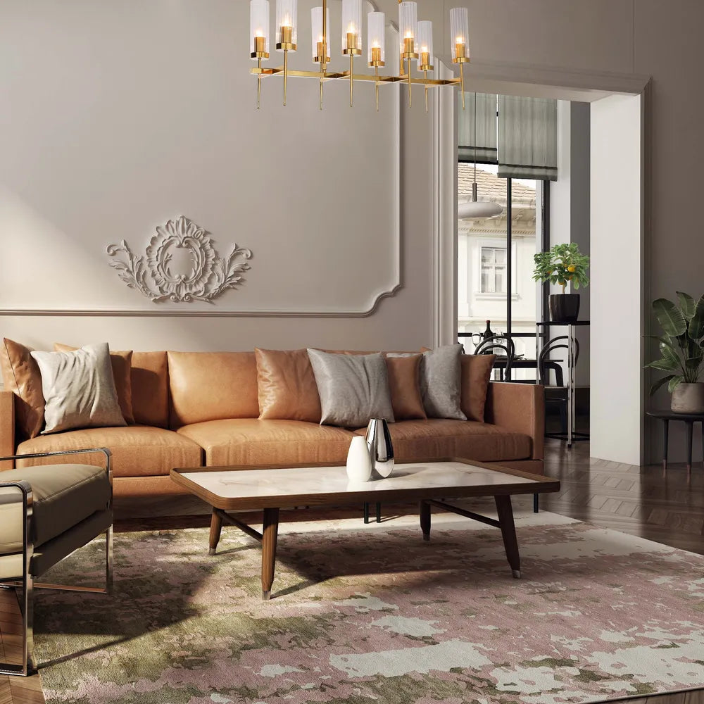 Elegante candelabro de vidrio canelado que ilumina un comedor moderno, realzando su decoración contemporánea con un toque de sofisticación.159-18222