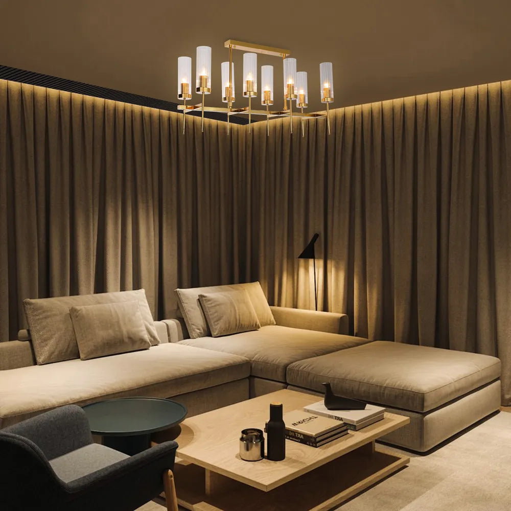 Elegante lámpara de araña de vidrio acanalado americano que realza la decoración de un comedor moderno con su diseño elegante y cálida iluminación.159-18222