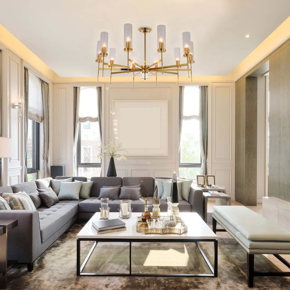 Elegante candelabro americano de cristal estriado iluminando un comedor moderno, mejorando la decoración elegante con su diseño atemporal.159-18224