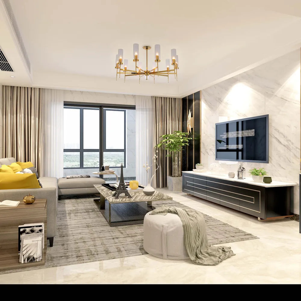 Elegante candelabro americano de vidrio acanalado que ilumina un comedor moderno, realzando la decoración con su diseño sofisticado y cálido resplandor.159-18224