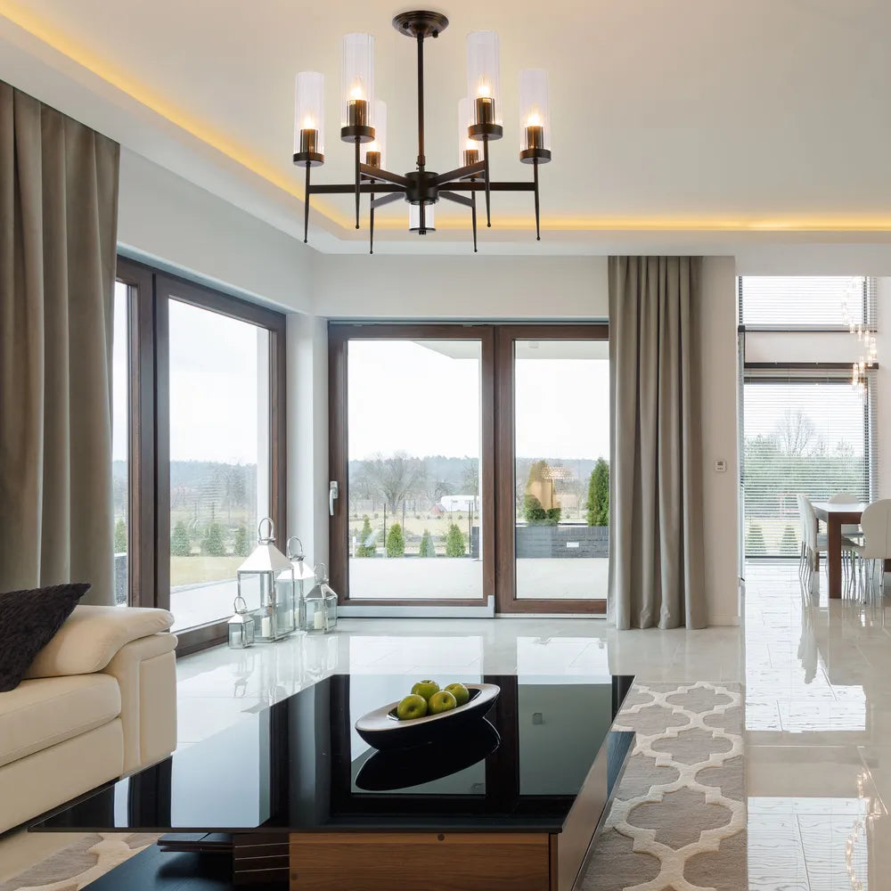 Elegante lámpara de araña de vidrio acanalado americana que ilumina un elegante comedor, realzando la decoración moderna con su diseño sofisticado.159-18226