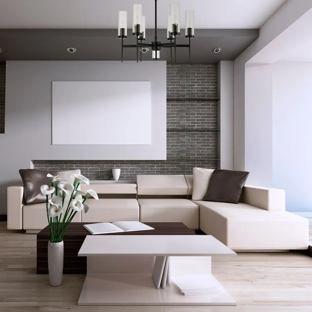 Elegante candelabro americano de vidrio acanalado iluminando un comedor moderno, realzando la decoración sofisticada con su diseño atemporal.159-18226