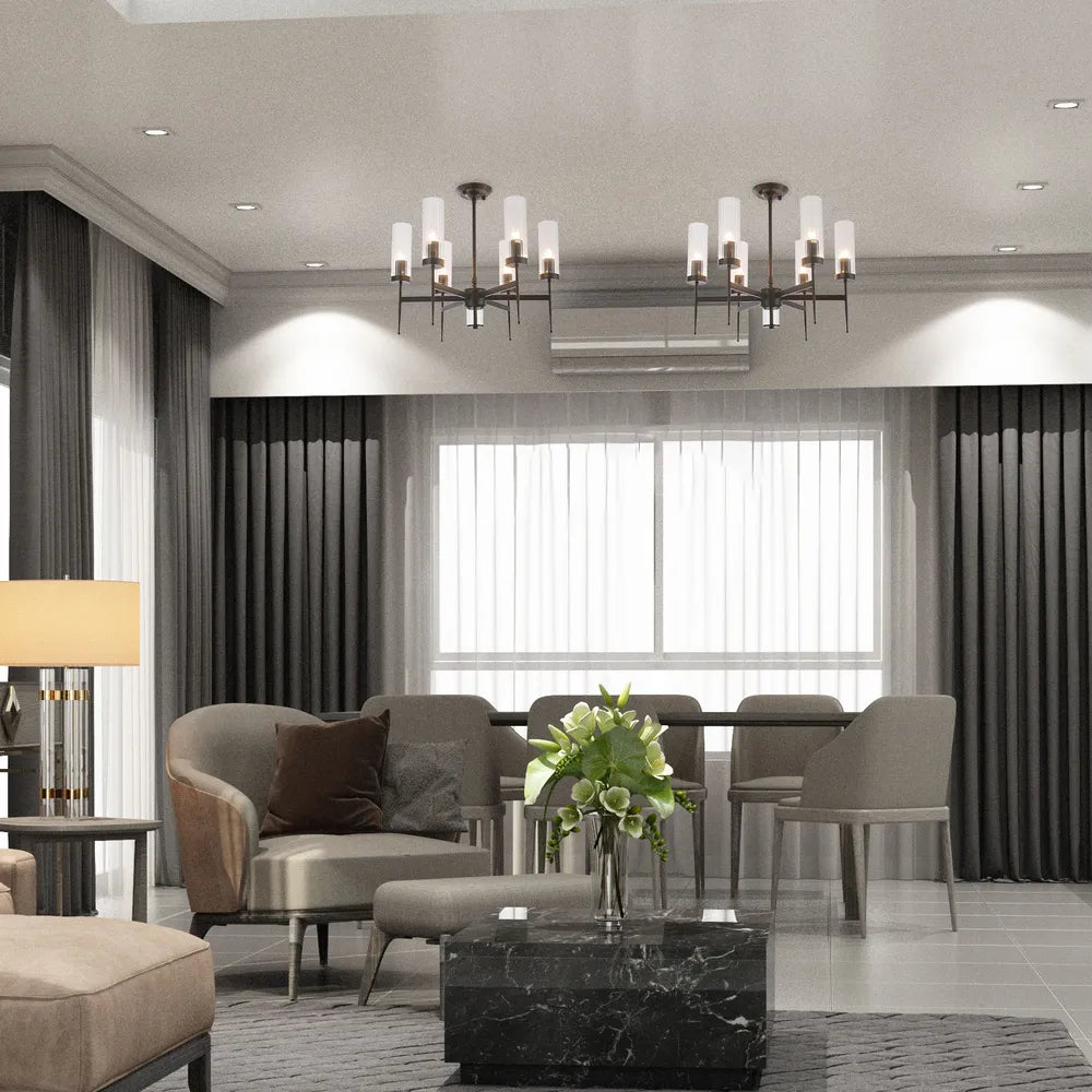 Elegante lámpara de araña de vidrio acanalado americano iluminando un comedor moderno con decoración elegante, añadiendo sofisticación y encanto.159-18226