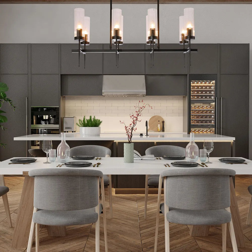 Elegante candelabro americano de vidrio estriado que ilumina un comedor moderno, realzando su decoración sofisticada con un resplandor elegante.159-18228