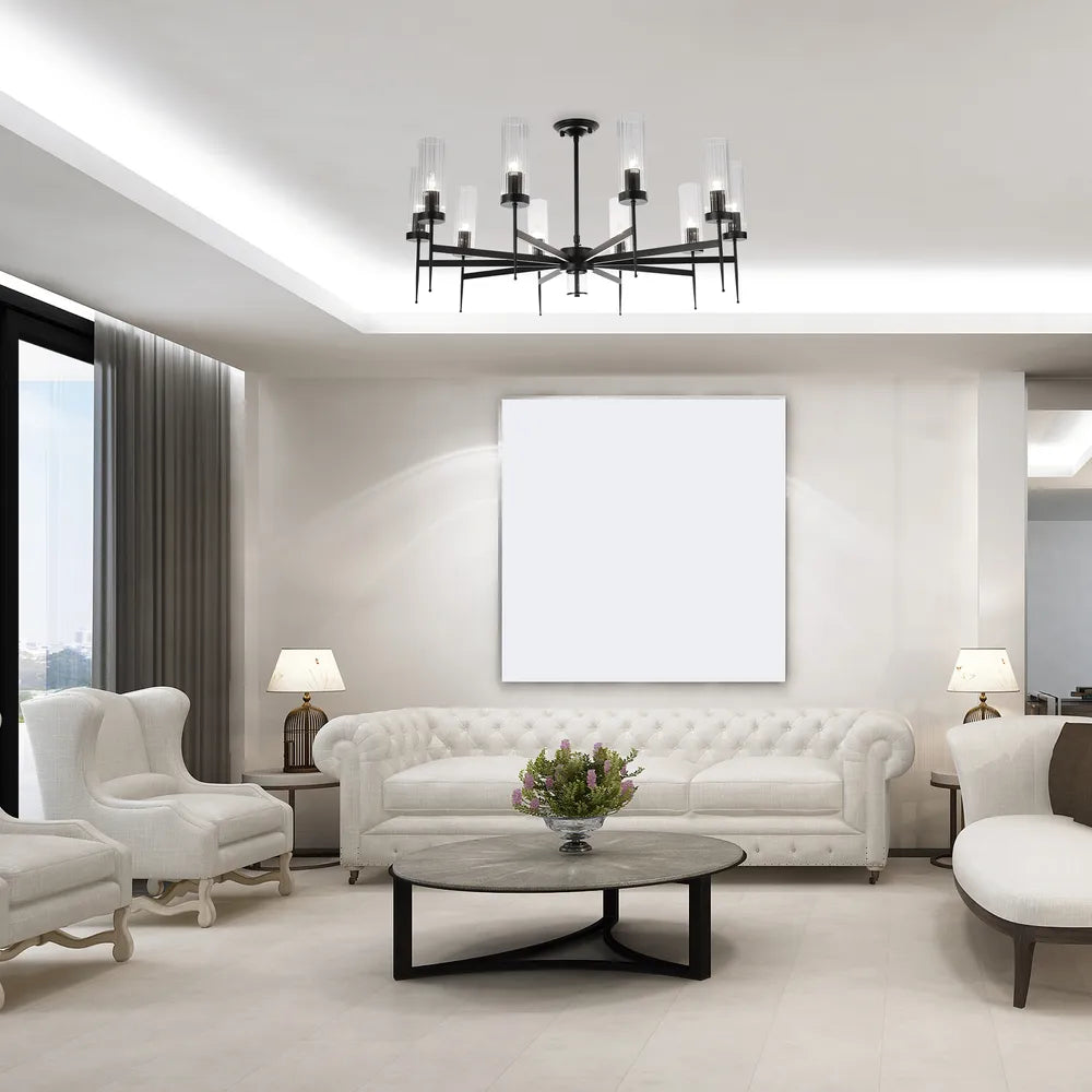 Elegante candelabro americano de vidrio acanalado iluminando un comedor moderno con decoración elegante, aportando sofisticación al ambiente.159-18230