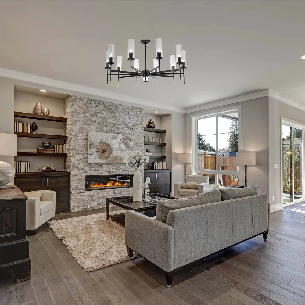 Elegante lámpara colgante americana de vidrio acanalado que realza la ambientación de un comedor moderno con su sofisticado resplandor y decoración elegante.159-18230