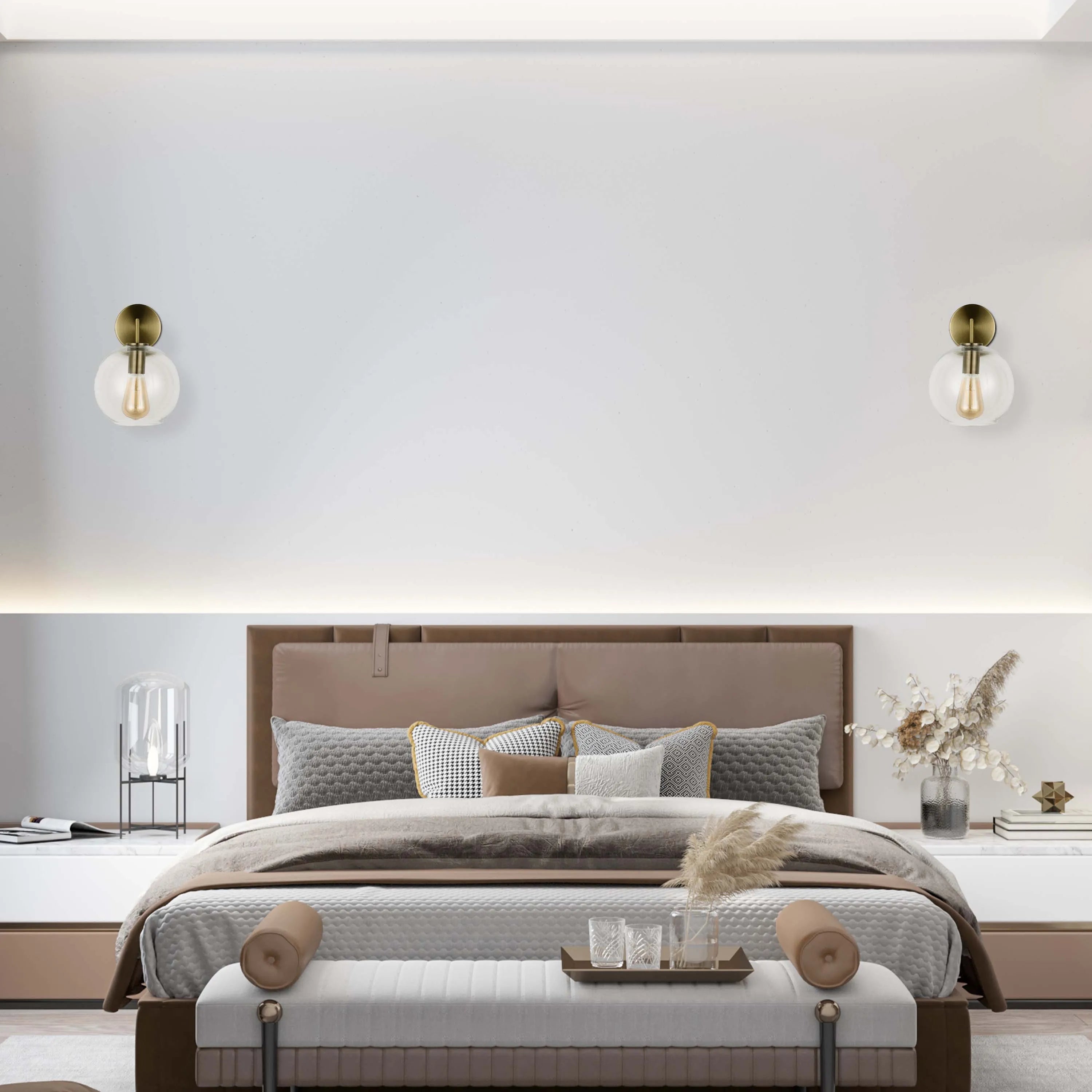 Lámpara de pared de vidrio transparente y latón antiguo con cadena de tracción