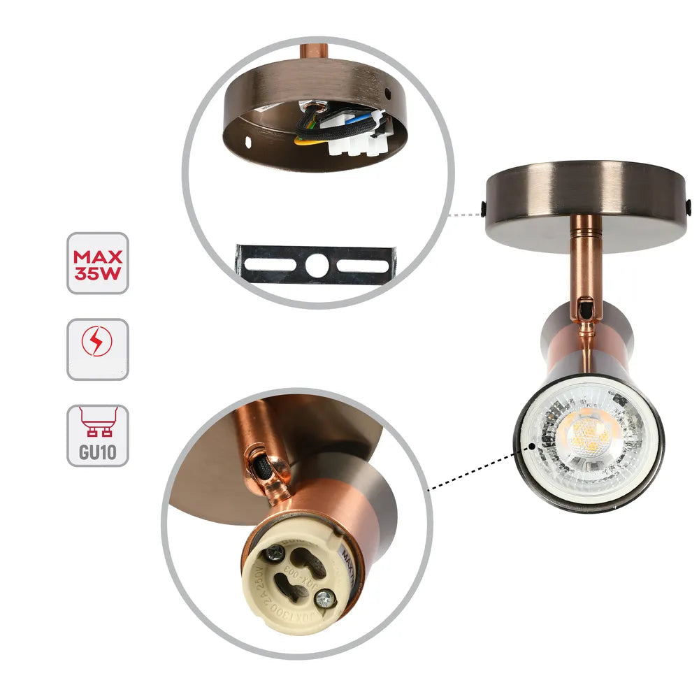 Detalles de los Focos de Riel Ajustables en Bronce Antiguo y Cobre-172-03138