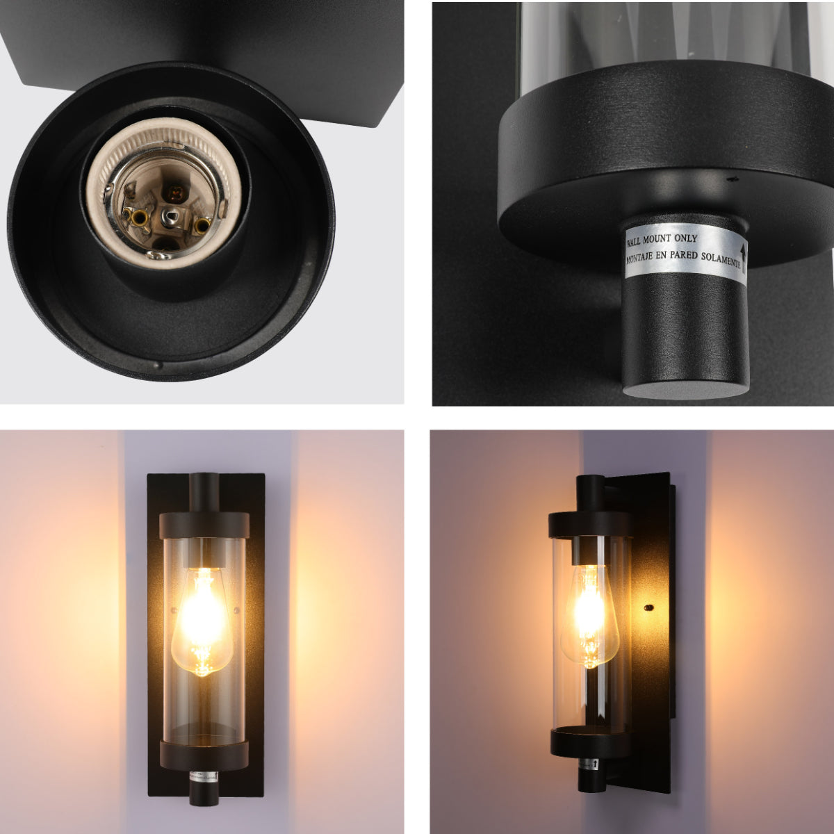 Detalle de aplique de pared elegante con vidrio duradero y aluminio, ideal para espacios interiores y exteriores con estilo moderno.