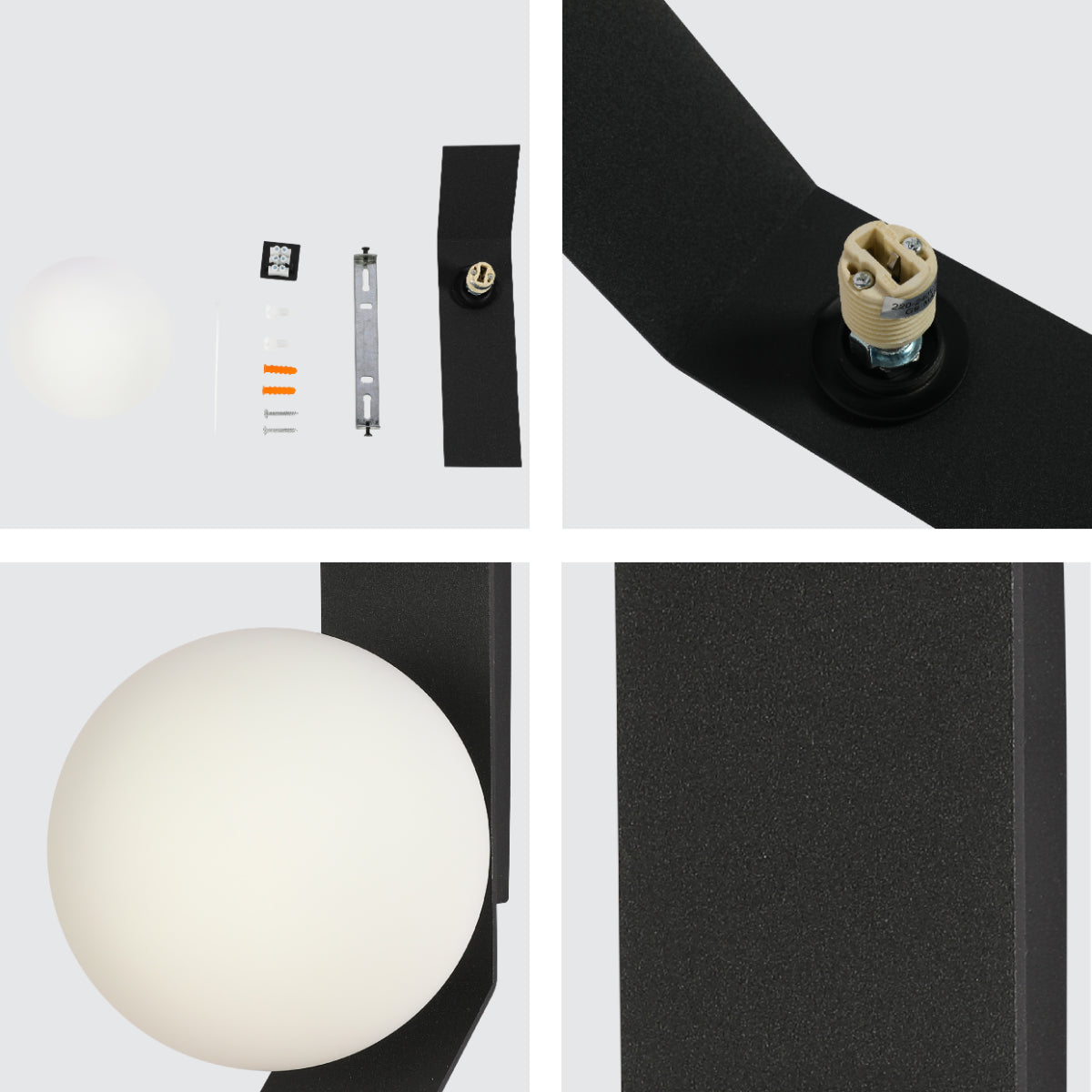 Detalle cercano de un aplique de pared ajuste moderno en forma de globo, ideal para decoraciones contemporáneas en salas o pasillos.