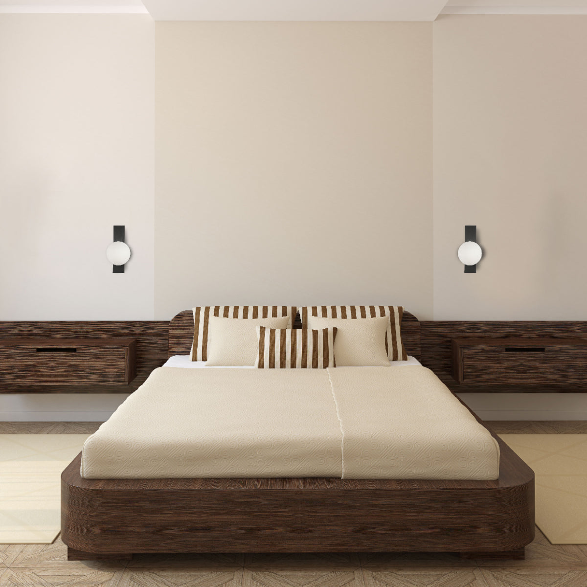 Aplique de pared ajustable con esfera moderna, ideal para salas de estar con decoración contemporánea y elegante iluminación ambiental.