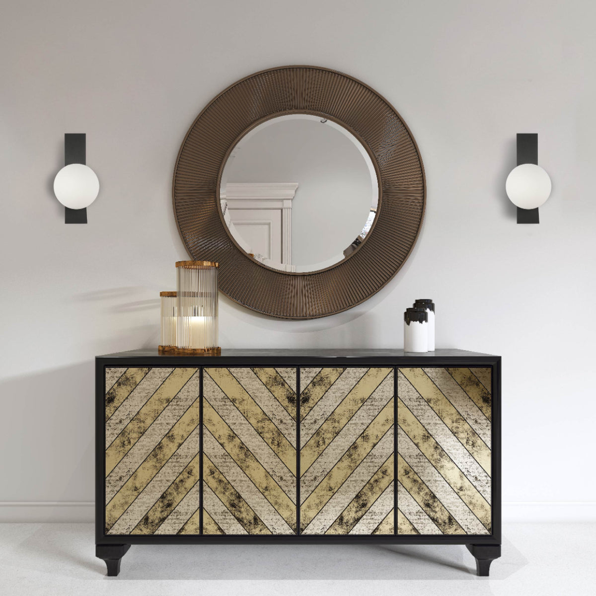 Aplique de pared contemporáneo de esfera ajustable en un salón moderno, ideal para iluminación ambiental y decorativa.