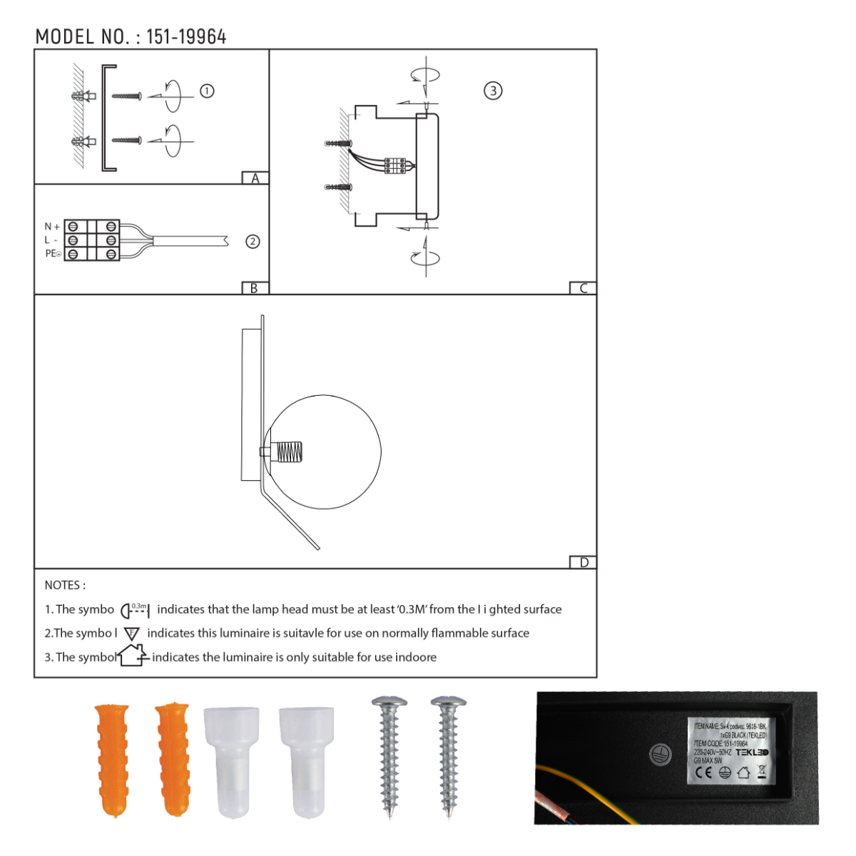 Dibujo técnico de aplique de pared ajustable, ideal para espacios contemporáneos, con dimensiones y detalles de instalación.