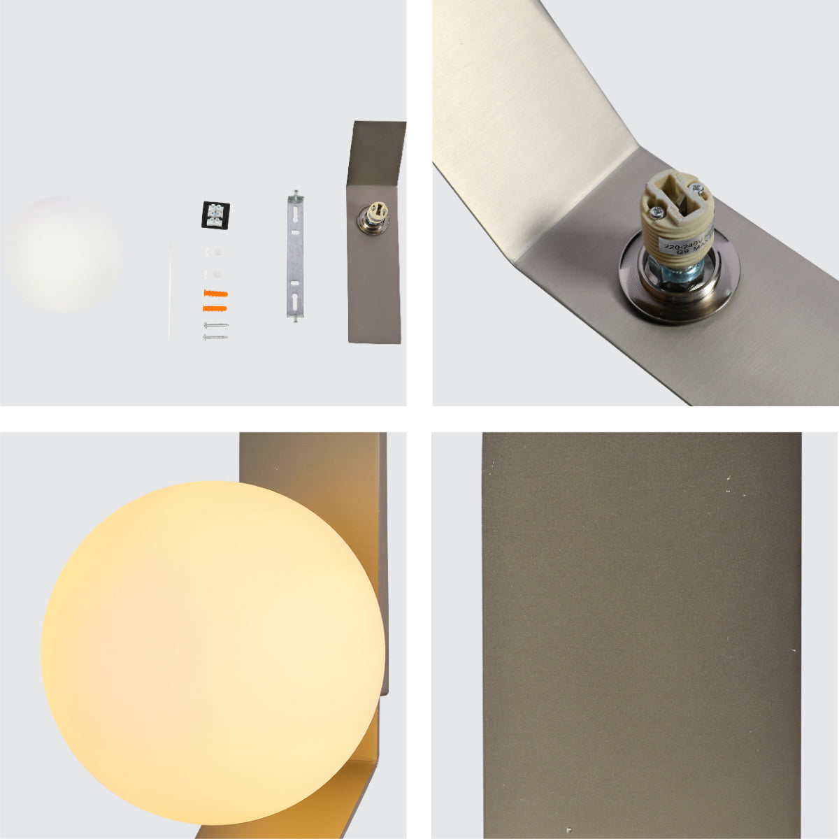 Primer plano de un aplique de pared ajustable en forma de globo, perfecto para decoraciones modernas en salas y pasillos elegantes.