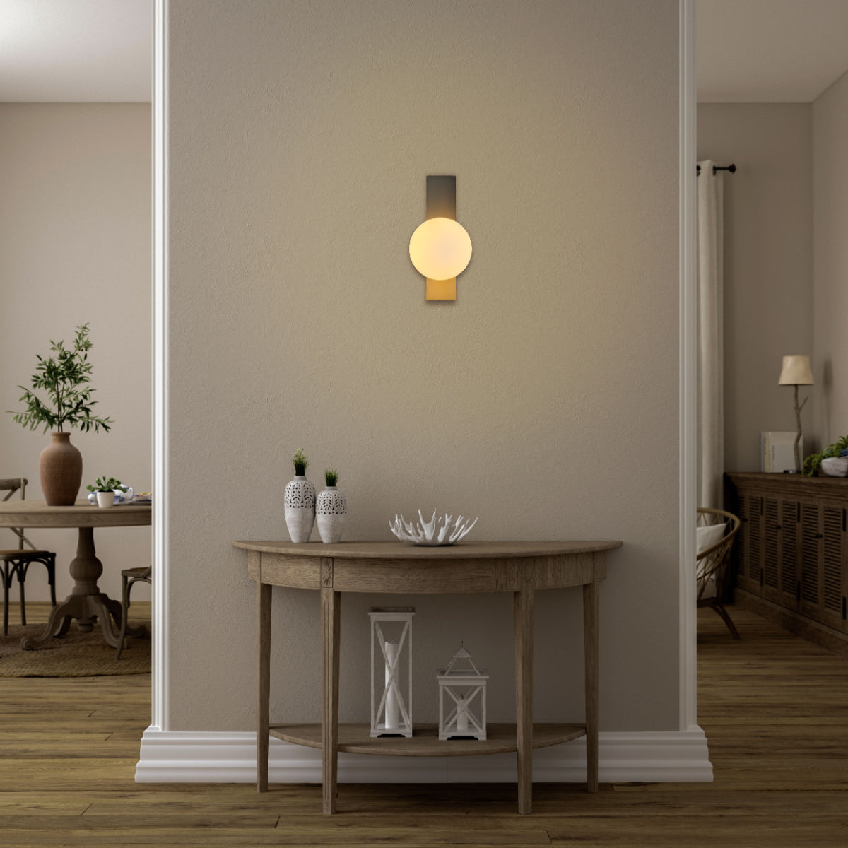 Aplique de pared ajustable en forma de globo, ideal para espacios contemporáneos como salones o pasillos modernos.