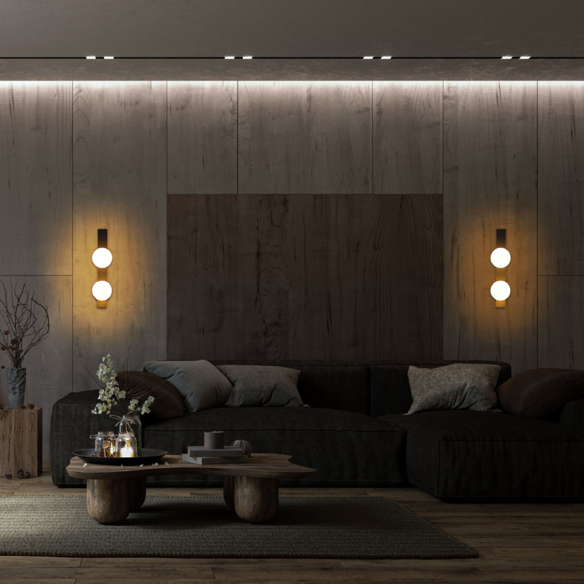 Aplique de pared esférico ajustable en un ambiente contemporáneo, perfecto para salas o pasillos de estilo moderno.