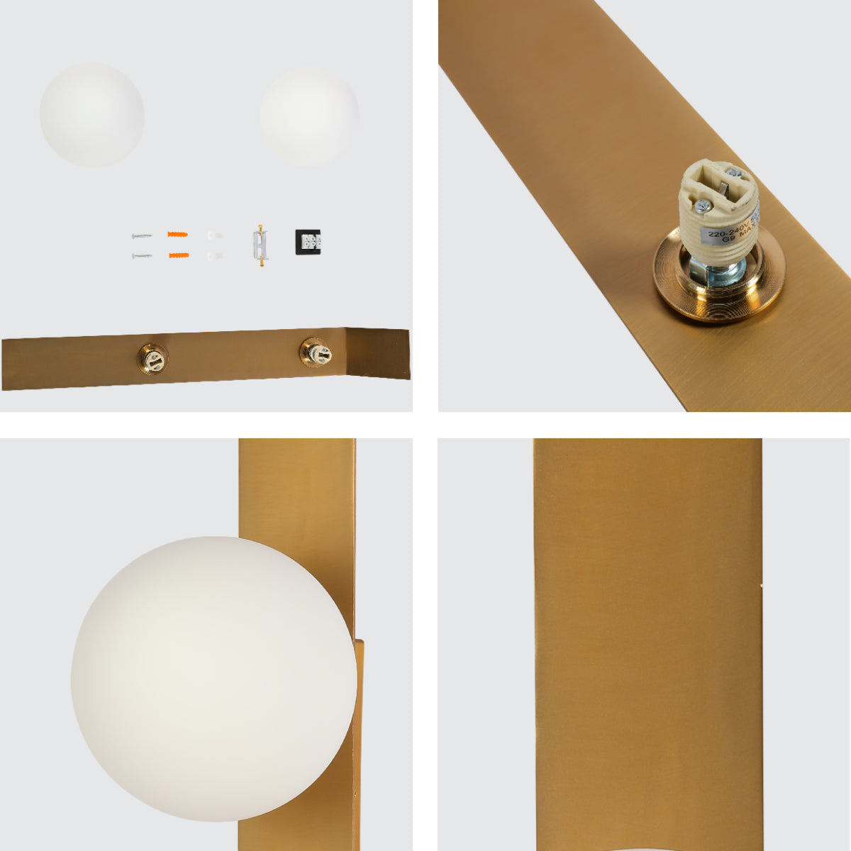 Primer plano de un aplique de pared con diseño de globo ajustable, ideal para decorar espacios contemporáneos, como salones o oficinas.