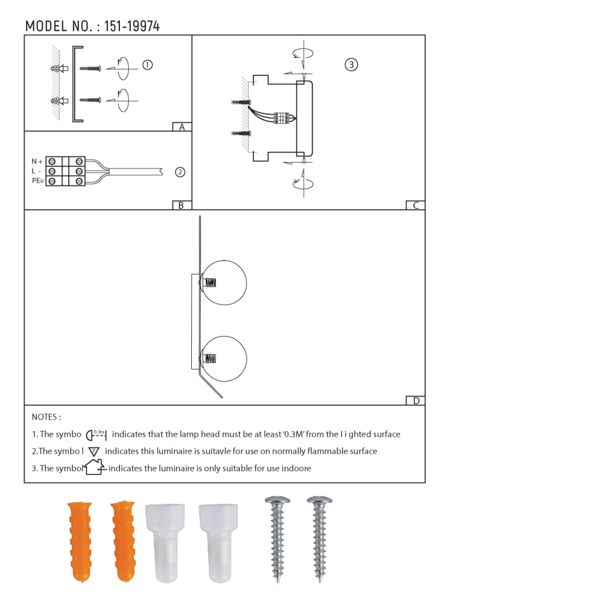 Dibujo técnico del aplique de pared ajustable en forma de globo, ideal para decoraciones modernas en salas o pasillos.