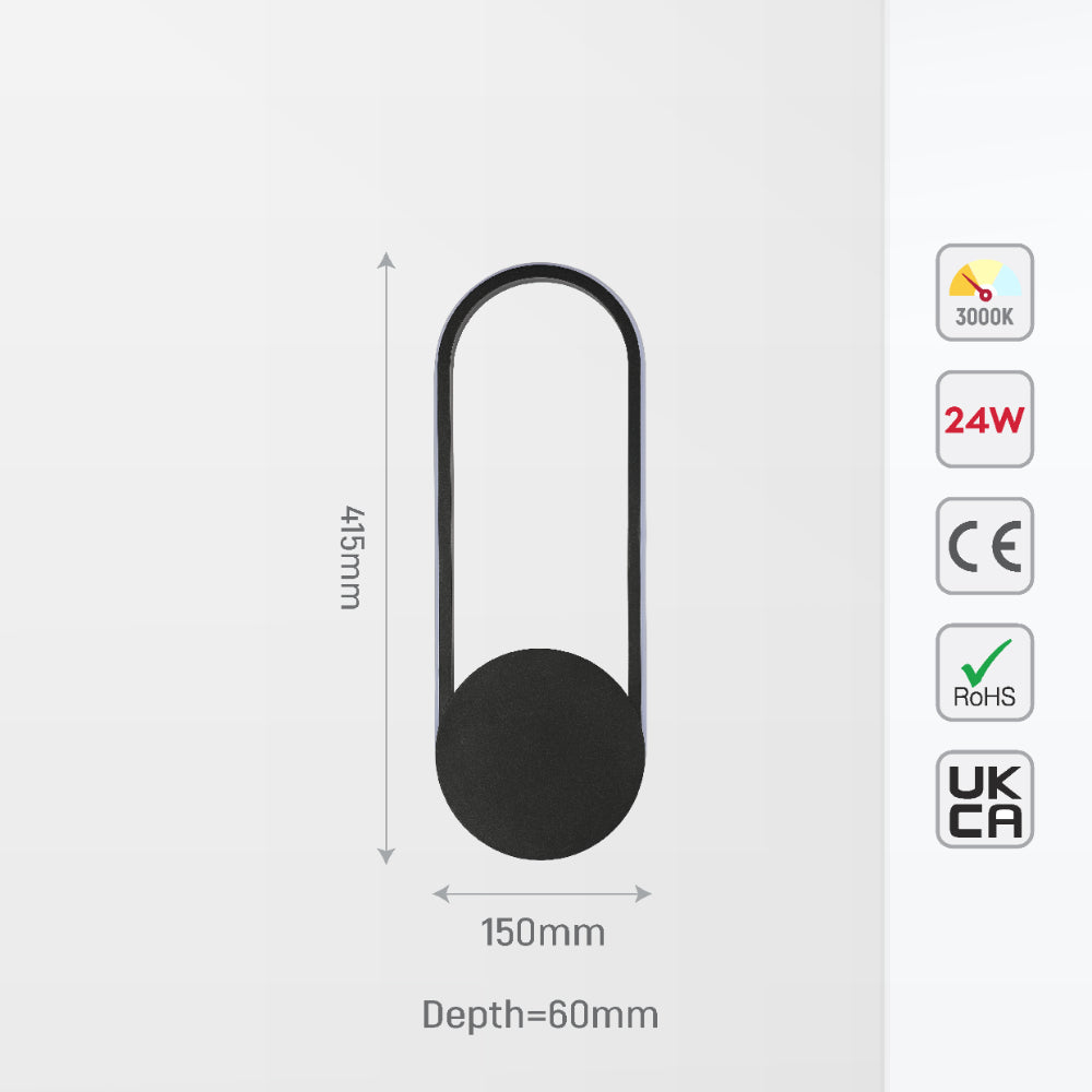 Aplique de pared LED negro en forma de elipse, perfecto para interiores modernos, ideal en salas de estar o pasillos.