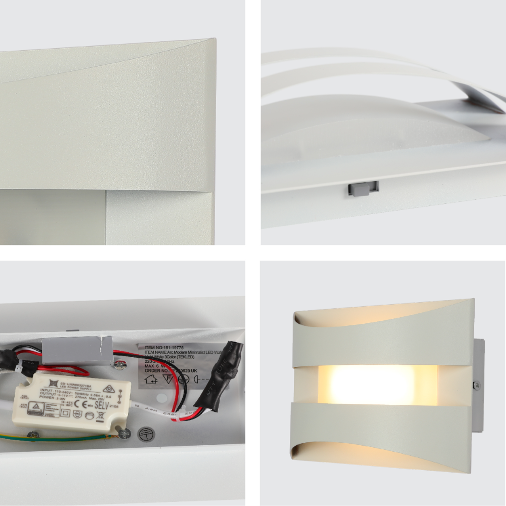 Aplique de pared LED contemporáneo de doble arco, ideal para salas de estar modernas y elegantes.
