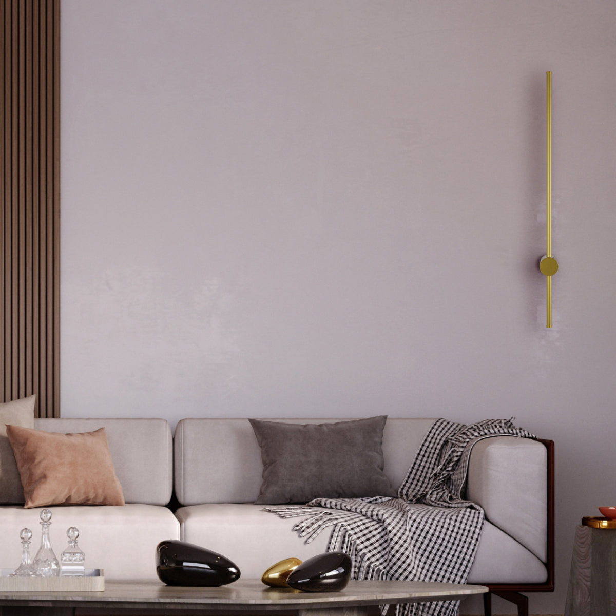 Aplique lineal minimalista instalado en una sala de estar moderna, proporcionando luz suave y elegante sobre un fondo contemporáneo.