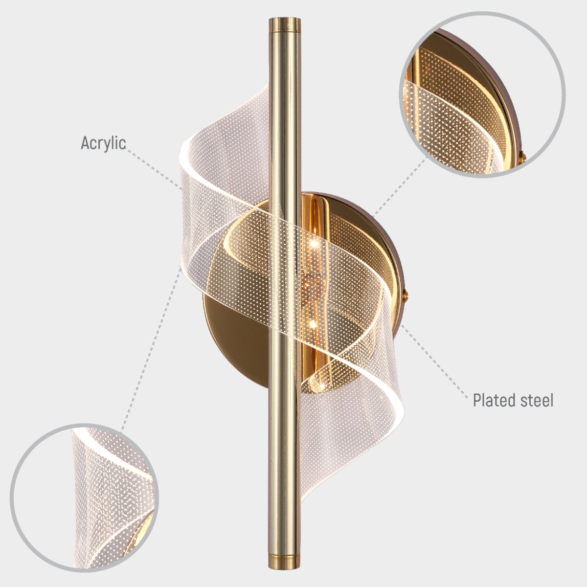 Aplique de pared moderno en espiral con luz LED, ideal para salones contemporáneos y espacios minimalistas.