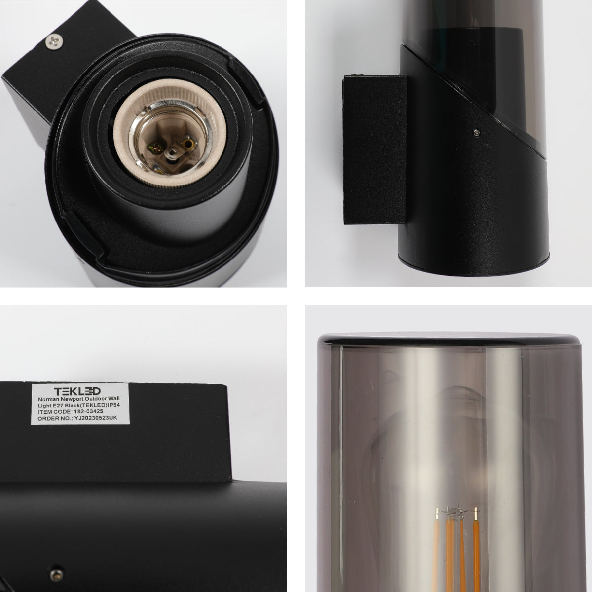 Primer plano del aplique de pared exterior Newport, ideal para jardines con estilo contemporáneo y resistente al agua IP54.