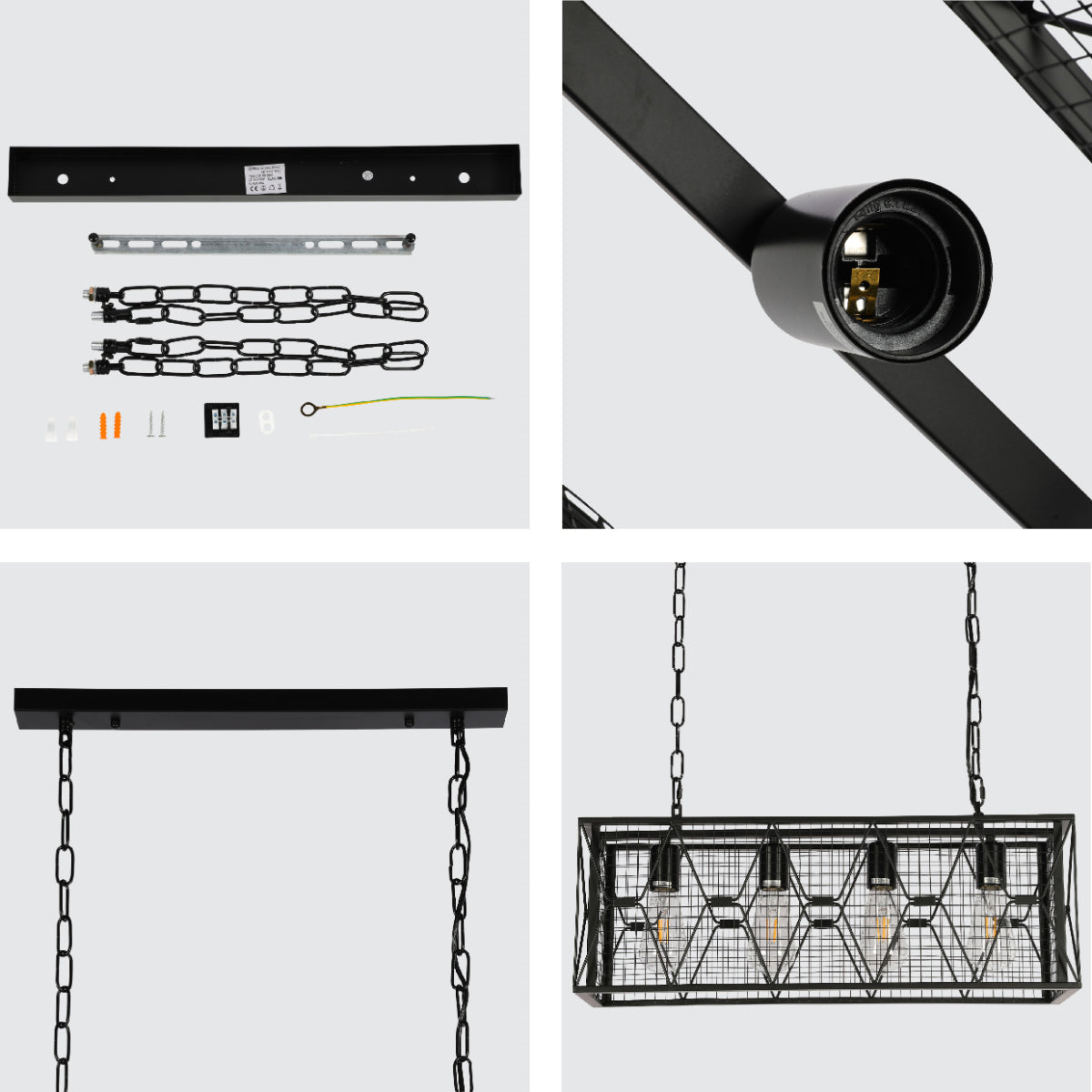 Candelabro industrial de metal negro con jaula, perfecto para comedores rústicos o espacios modernos con un toque elegante.